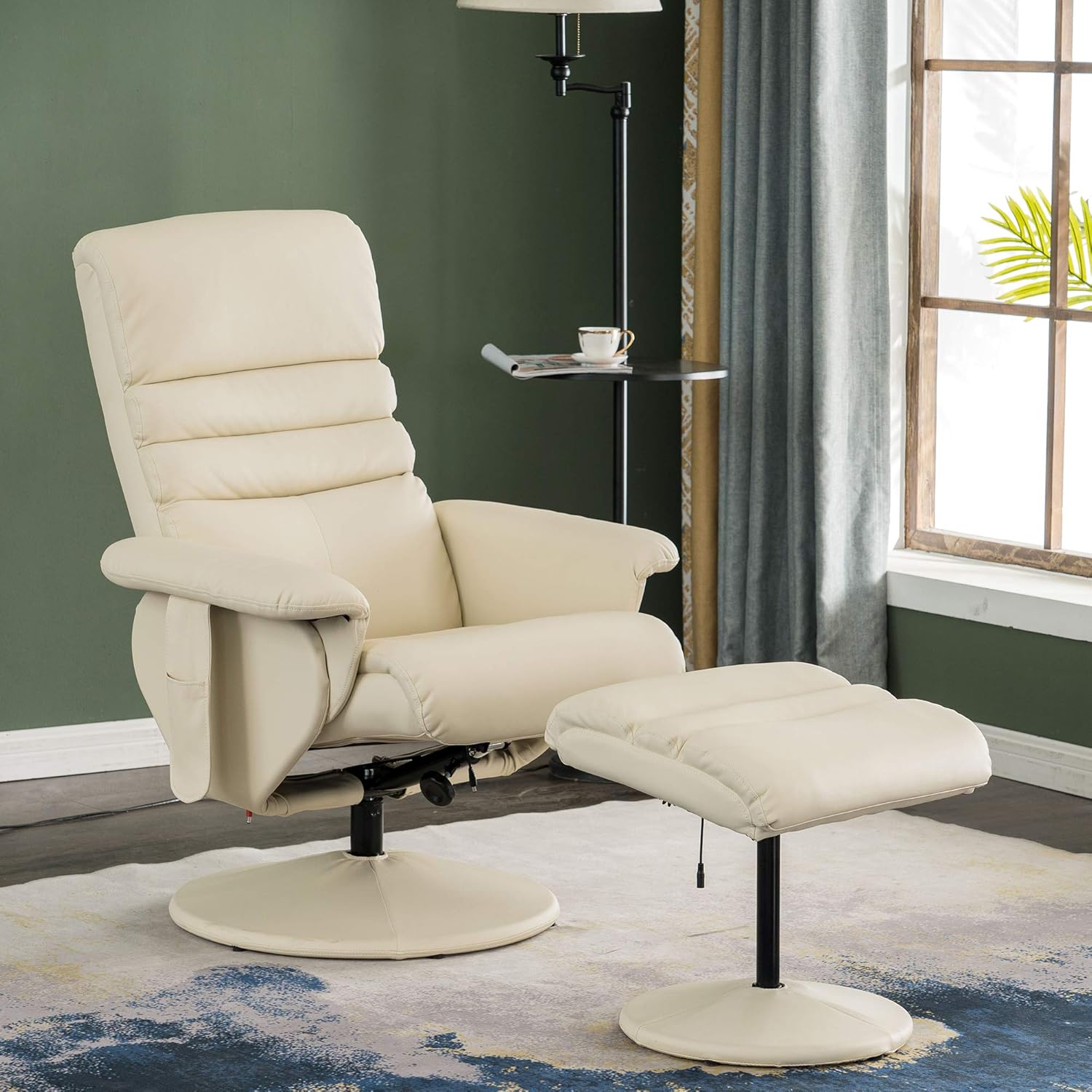 Silla reclinable con otomana, silla reclinable con masaje, silla giratoria de 360 años, piel sintética 7902 (blanco crema)