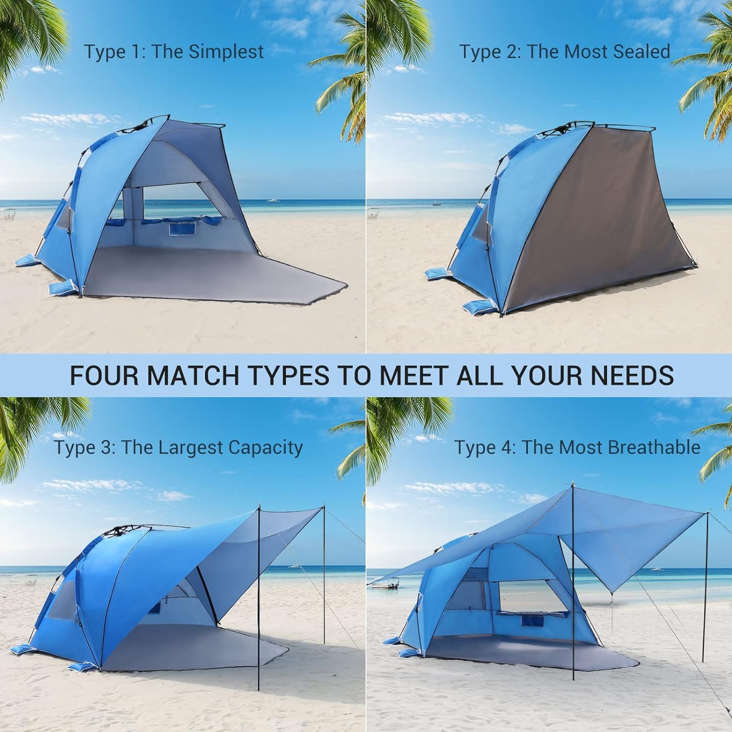 Elegear Tienda para Playa con UPF 50+ Refugio Solar de Playa Ligero, Instantáneo Portátil Carpa para Playa Camping, Tienda Sombra con Cremallera Extendida para Camping de Playa, Azul