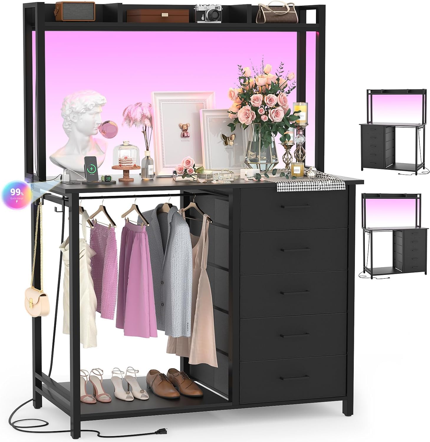 Comoda Cajonera para Recamara,Cómoda con Percheros Integrados de 5 Niveles,180x100x40 cm, Armario Multifuncional con Luces RGB, 3 Enchufes + 2 USB y Control Remoto (Rosa)