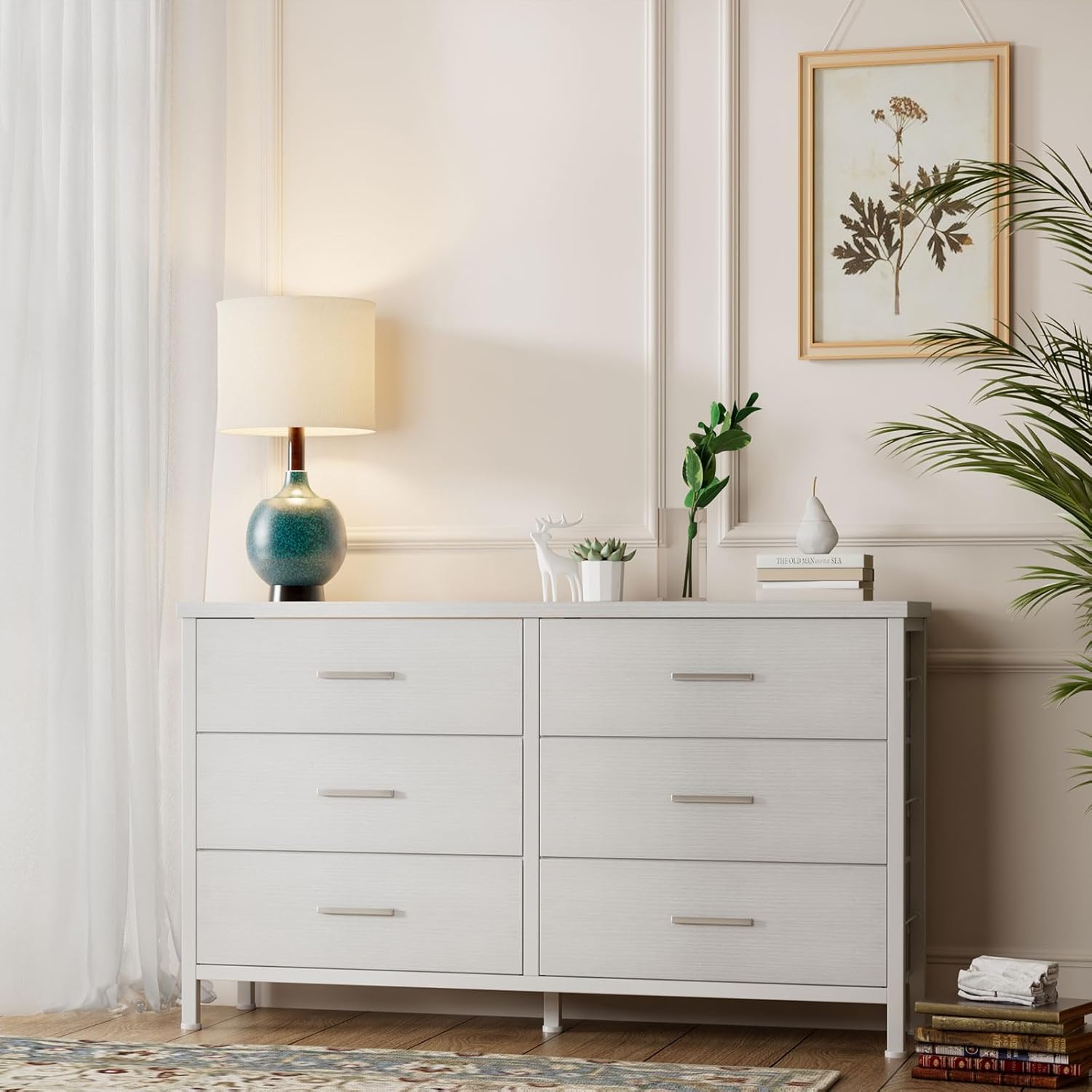BOLUO - Cómoda blanca para recámara, 6 cajones, soporte de TV ancho para cambiador de TV de 50 pulgadas y cajones de tela para clóset moderno