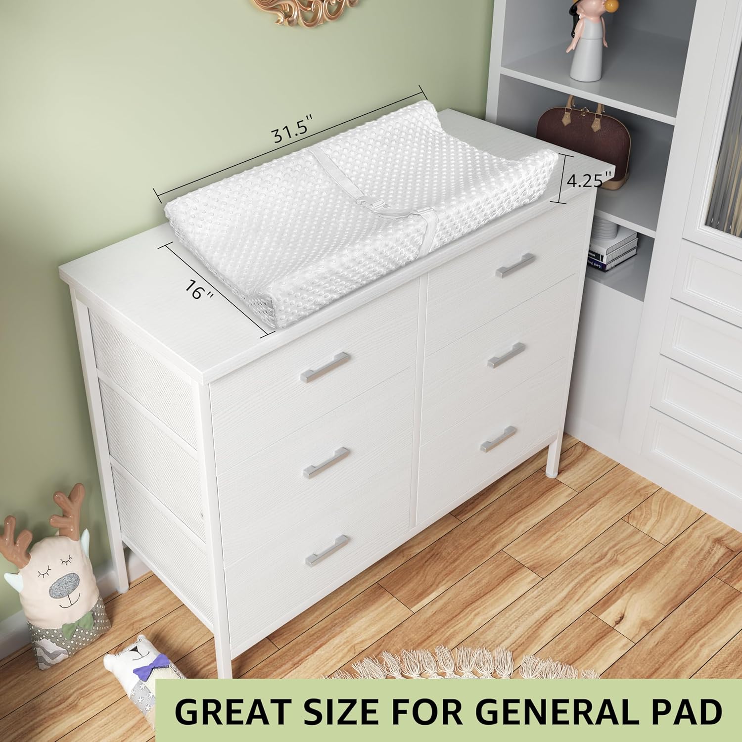 BOLUO - Cómoda blanca para recámara, 6 cajones, soporte de TV ancho para cambiador de TV de 50 pulgadas y cajones de tela para clóset moderno