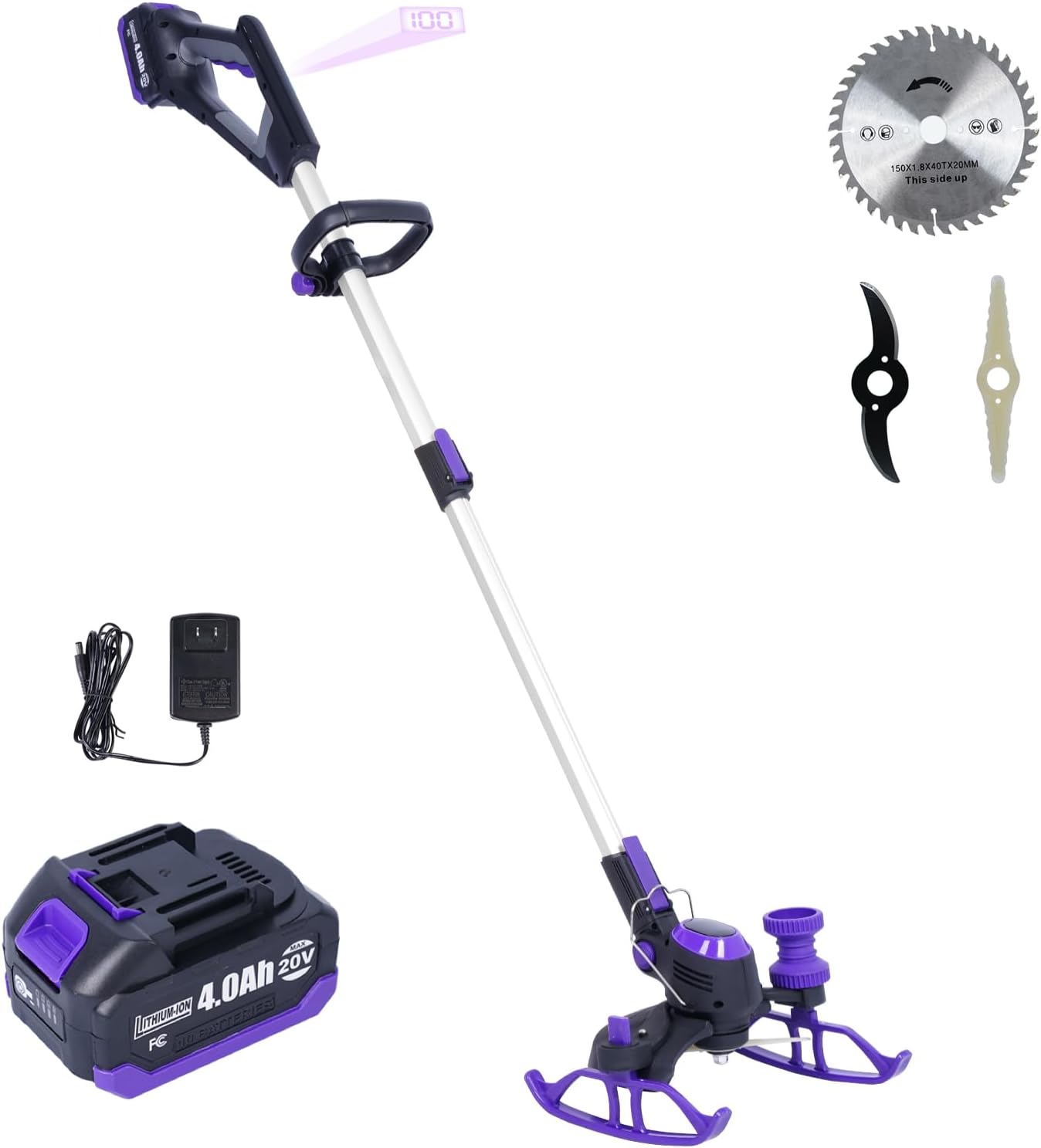 Weed Wacker inalámbrico, 20 V máx. x 4.0 Ah funciona con batería, tiempo de ejecución 75-100 minutos, peso solo 5 libras, cortacésped en 1 (con batería de 4.0 Ah)