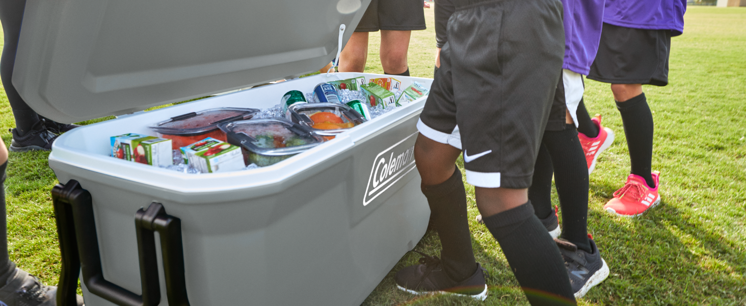 gris blanco negro refrigerador portátil manijas fáciles bebidas aperitivos niños juego de fútbol compartir padre coleman