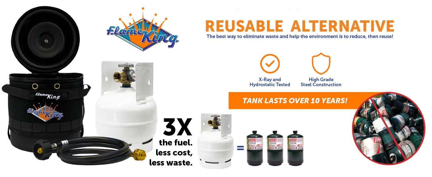 Kit de transportador de gas Flame King, funda protectora aislada, tanque de propano de 3 libras y manguera adaptadora