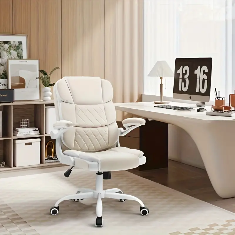 Silla de Oficina Ergonómica de Terciopelo Beige con Soporte Lumbar, Apoyabrazos Ajustables y Base Giratoria - Silla de Escritorio Ejecutiva Cómoda para el Hogar, Estudio o Dormitorio