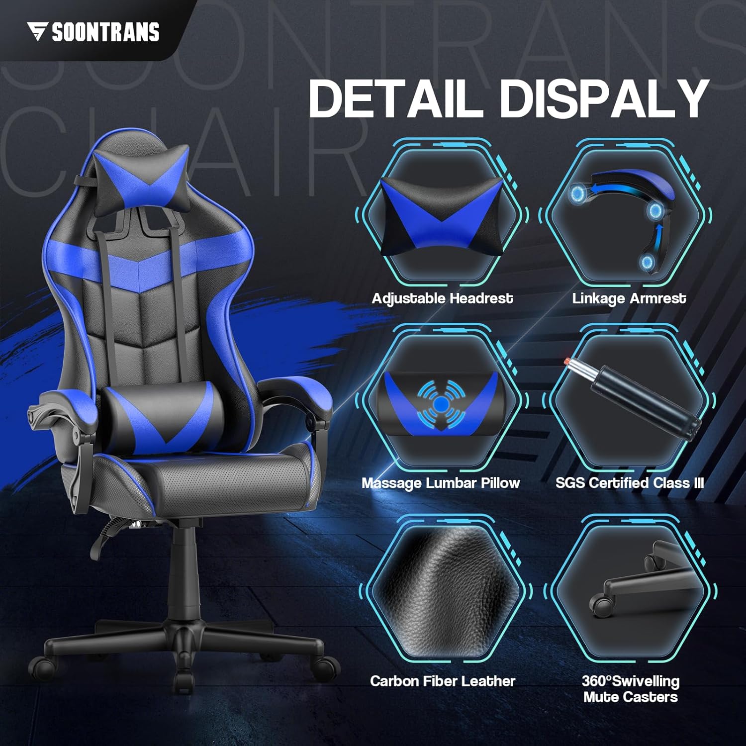 Silla de juegos de PC, silla de carreras para juegos, silla de computadora, silla de oficina E-Sports, silla ergonómica con reposapiés retráctil, reposacabezas ajustable y soporte lumbar (azul)
