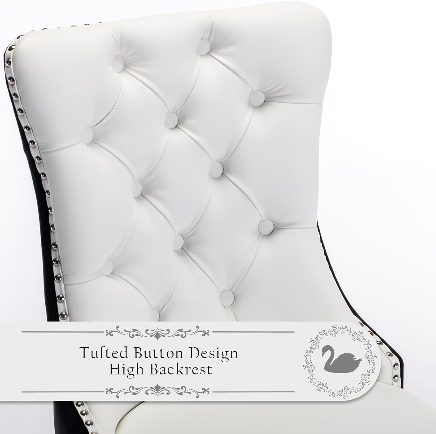 Juego de 6 sillas de comedor tapizadas de piel, estilo moderno, con ribete de cabeza de clavo y pata de madera, anillo de metal para comedor y sala de estar (blanco y negro, juego de 6)