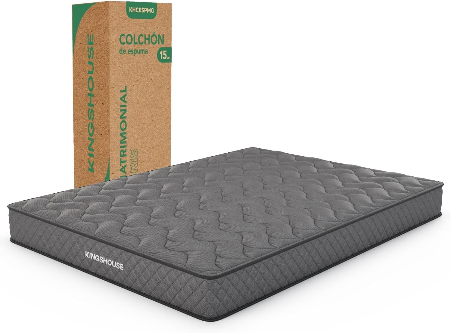 Kingshouse | Colchón en Caja Matrimonial Color Gris - Espuma de Alta Densidad - (LAxANxAL) 190x135x15 cm - Antiácaros e Hipoalergénico - Memory Foam, Adaptable y Suave - Firmeza Justa