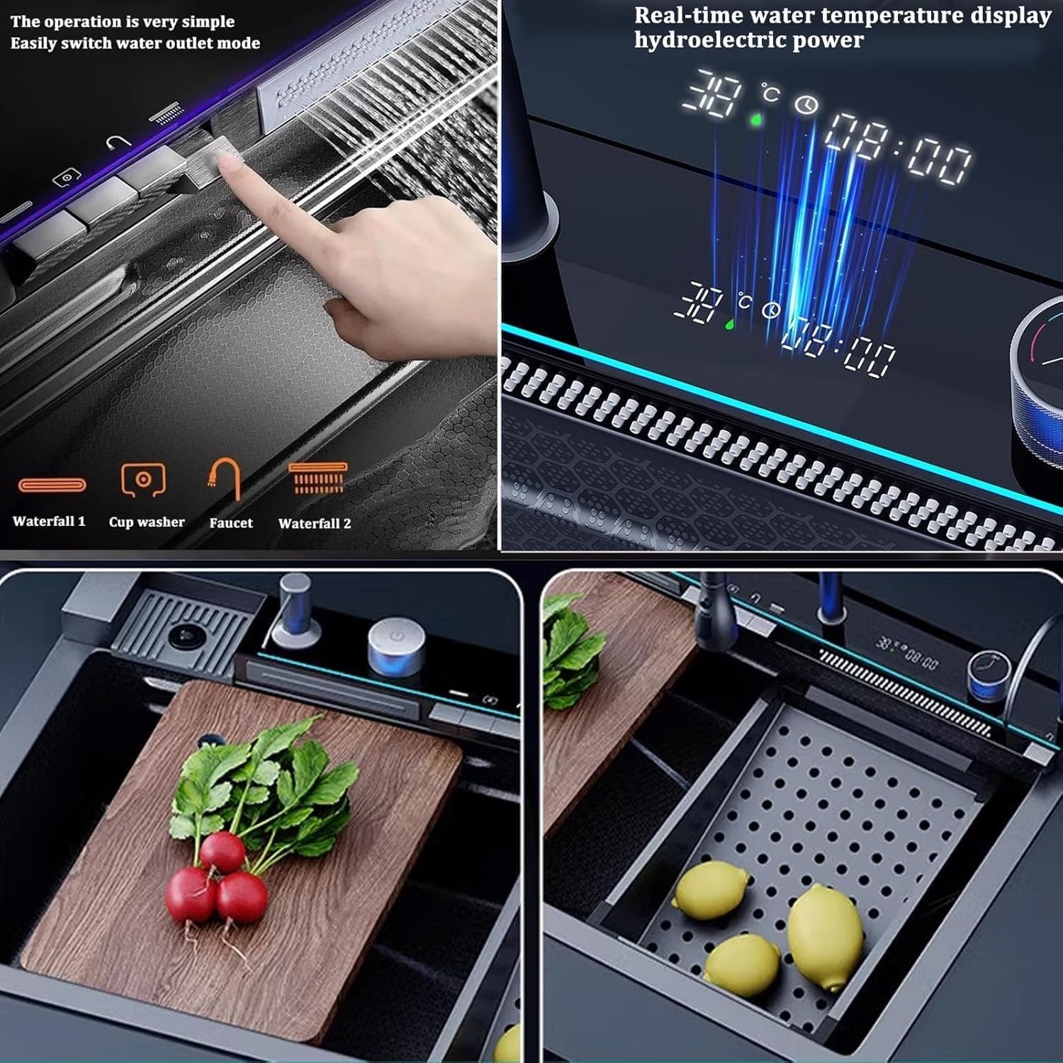 Fregadero De Cocina De Lujo Acero Inoxidable De Una Tarja 304 negro Fregadero de cascada Cascadas gemelas Con lavavasos y grifo Con lavavasos、grifo、tabla de cortar、escurridor