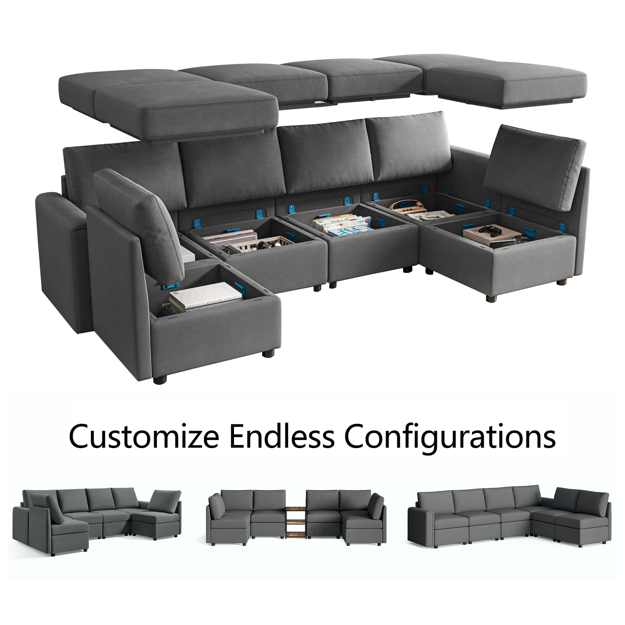 Sofás modulares LINSY HOME con almacenamiento, sofá seccional de 6 plazas para sala de estar, sofá seccional en forma de U con chaise longues reversibles