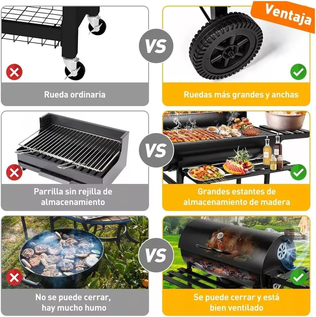 Asador de Carbon con Funda Antipolvo y Cepillo, Parrilla de Carbón con Temperatura Controlada en Forma de Barril, Parrilla de Patio Trasero Fiesta Barbacoa, Camping Grill Doble Capa