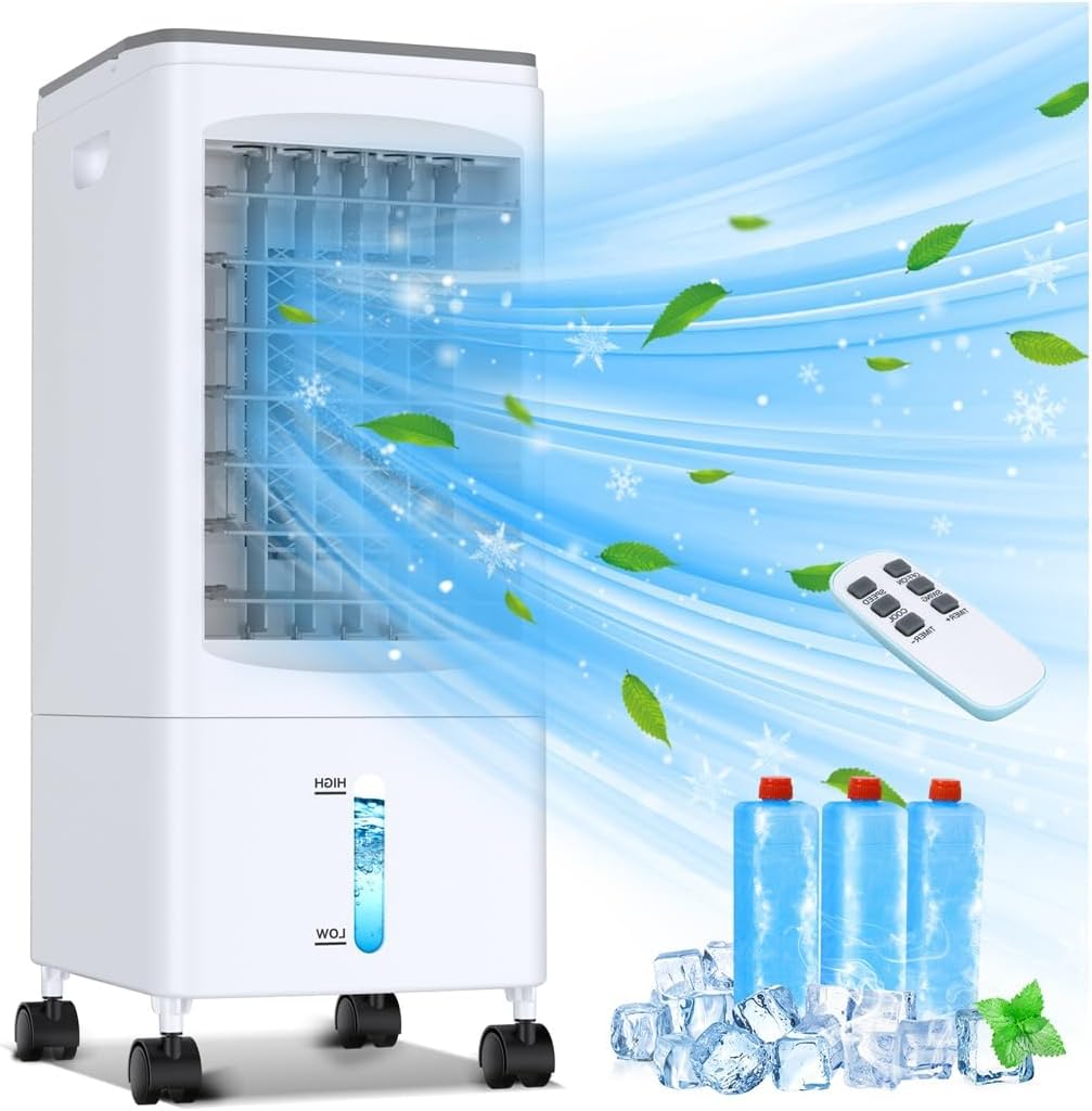 Aire Acondicionado Portatil, 4 en 1 Enfriador de Aire, 2 Modos 3 Velocidades, Oscilación Auto,Control Remoto, 21H de Enfriamiento,Temporizador, 3 Cajas de Hielo para Dormitorio/Oficina/Cocina/Hogar