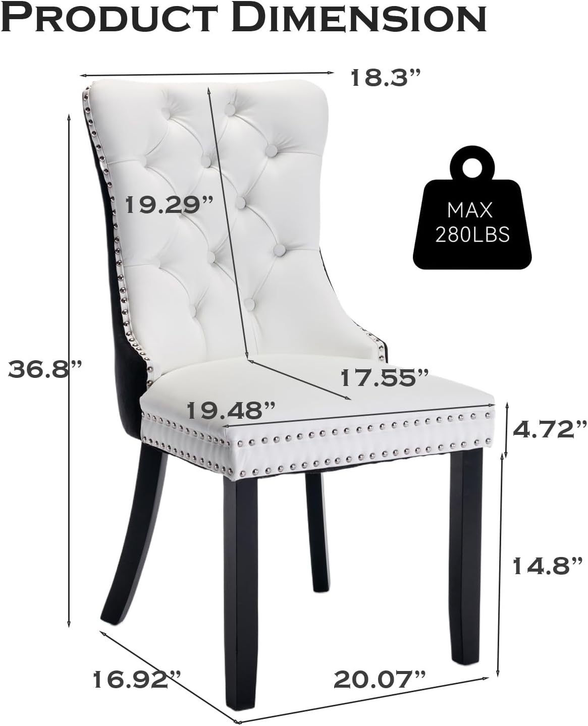 Juego de 6 sillas de comedor tapizadas de piel, estilo moderno, con ribete de cabeza de clavo y pata de madera, anillo de metal para comedor y sala de estar (blanco y negro, juego de 6)