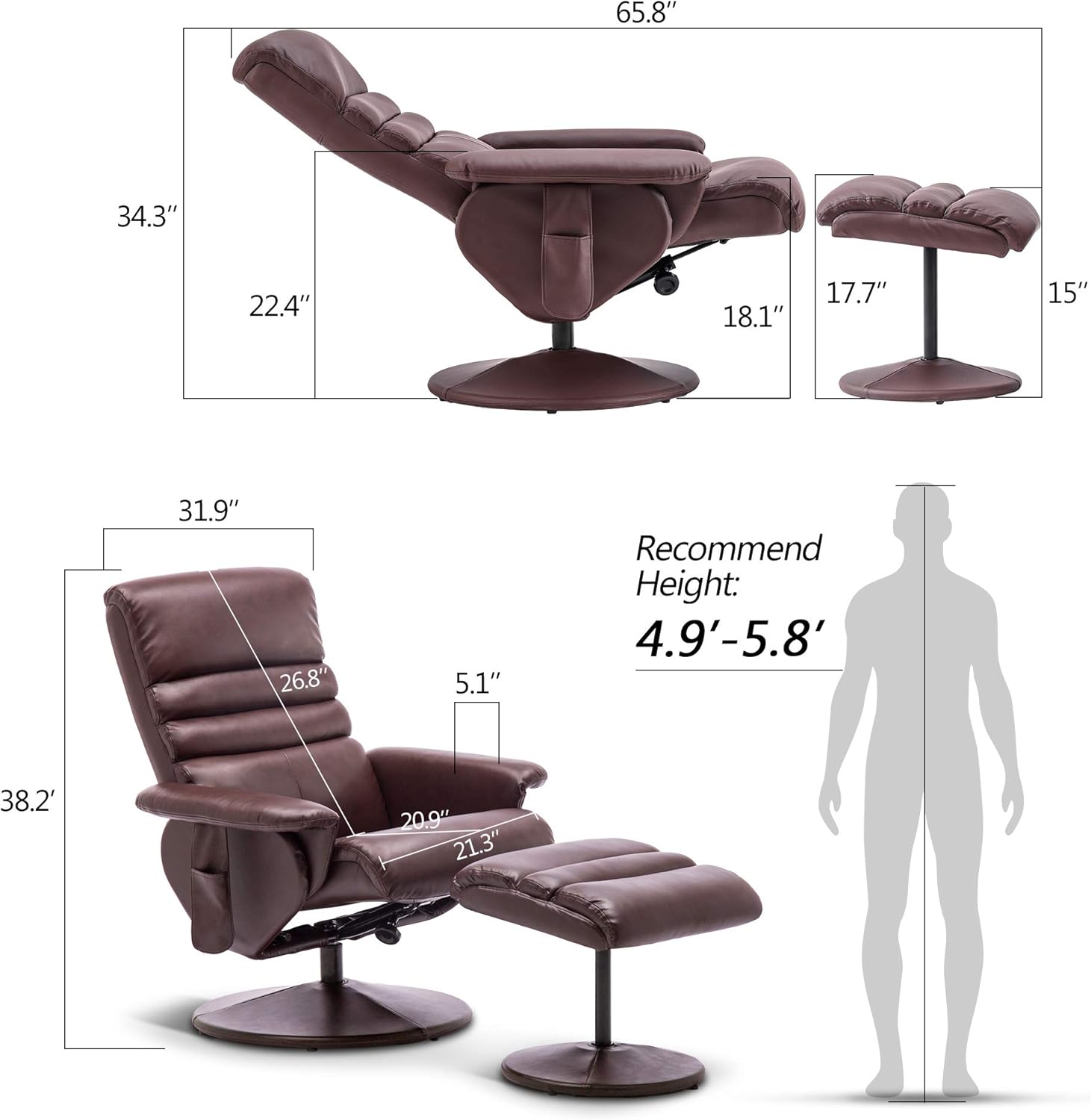 Silla reclinable con otomana, silla reclinable con masaje, silla giratoria de 360 años, piel sintética 7902 (blanco crema)