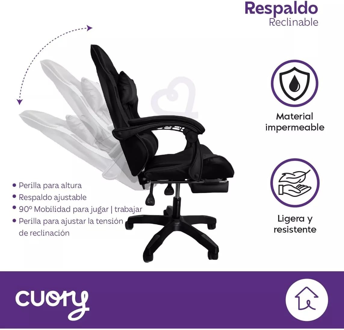 CUORY Silla Gamer Escritorio Ergonómica Reposapiés Ejecutiva | Ajuste de Altura | Reclinable Gaming Oficina Silla de computadora con Giratorio | Reposacabezas y Almohada Lumbar | Negro