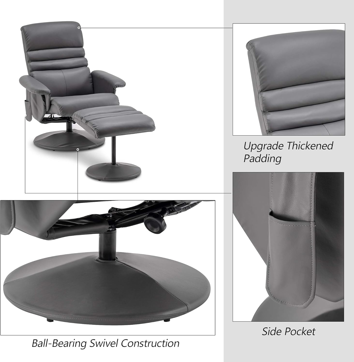 Silla reclinable con otomana, silla reclinable con masaje, silla giratoria de 360 años, piel sintética 7902 (blanco crema)
