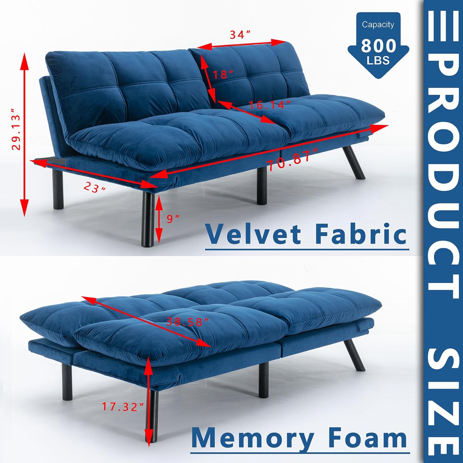 Memory Foam Futon with Adjustable Armrests , Camel Faux Suede Fabric for Adults