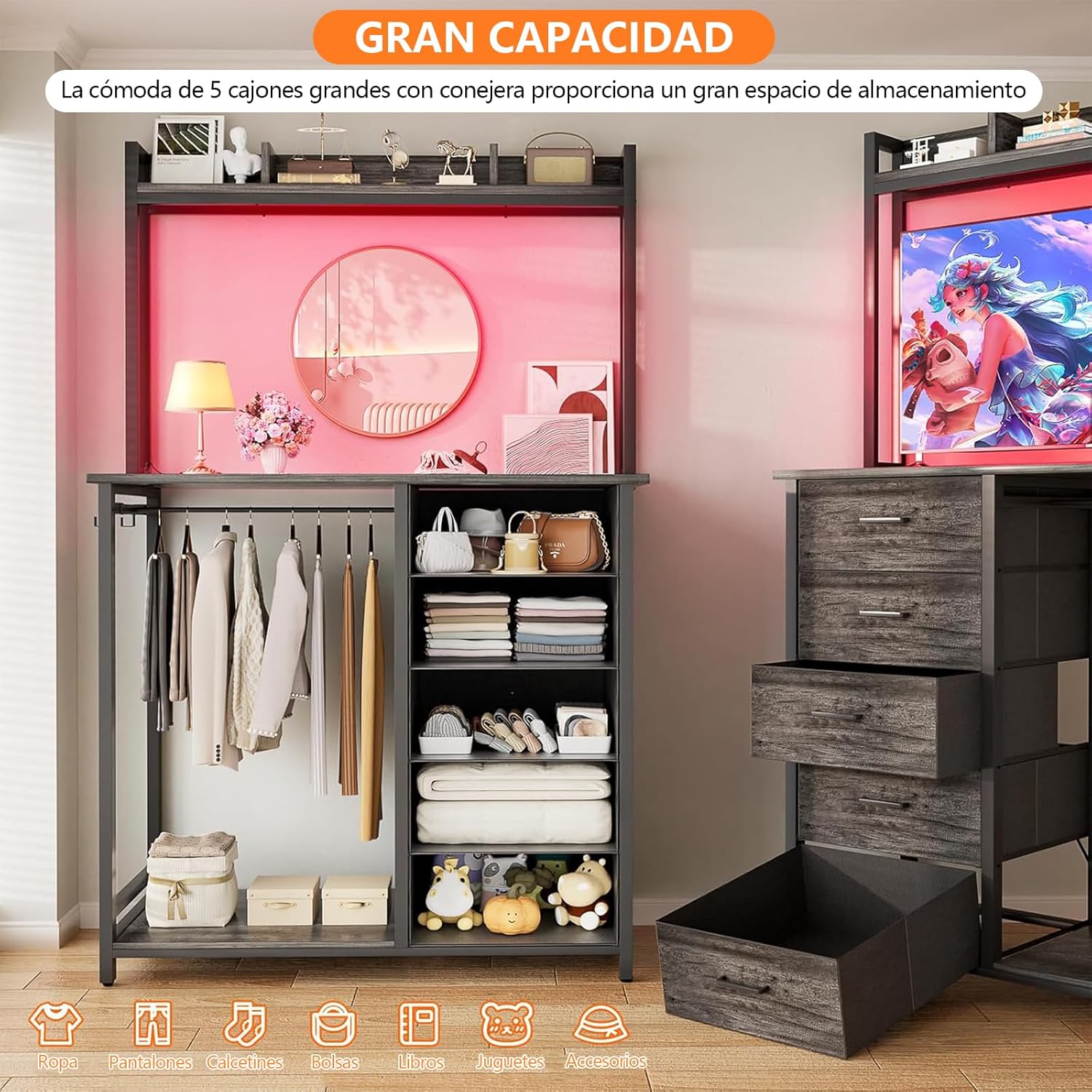 Comoda Cajonera para Recamara,Cómoda con Percheros Integrados de 5 Niveles,180x100x40 cm, Armario Multifuncional con Luces RGB, 3 Enchufes + 2 USB y Control Remoto (Rosa)