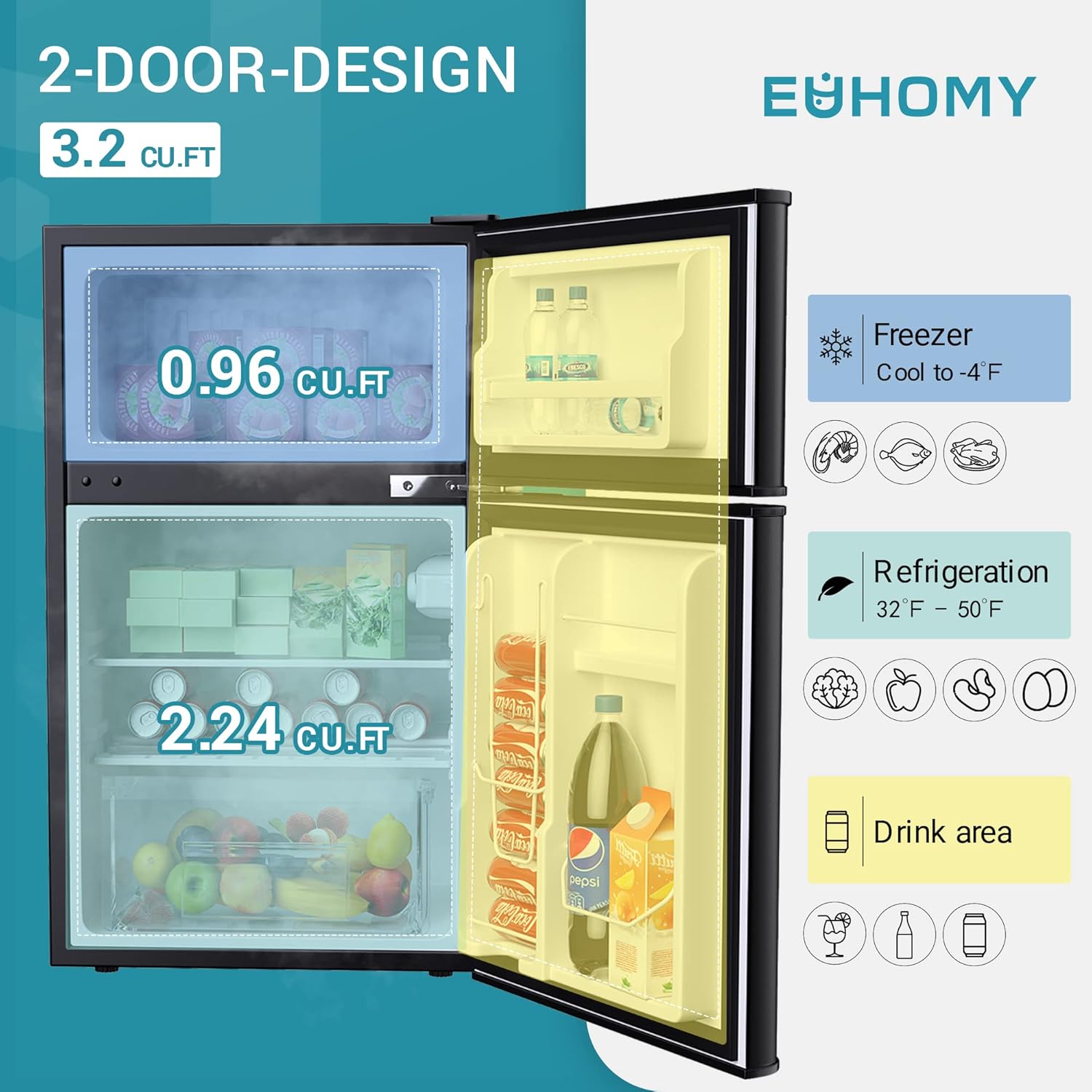 EUHOMY Mini refrigerador con congelador, refrigerador compacto de 3.2 pies cúbicos con congelador, mini refrigerador de 2 puertas con congelador, vertical para recámara, oficina, departamento,