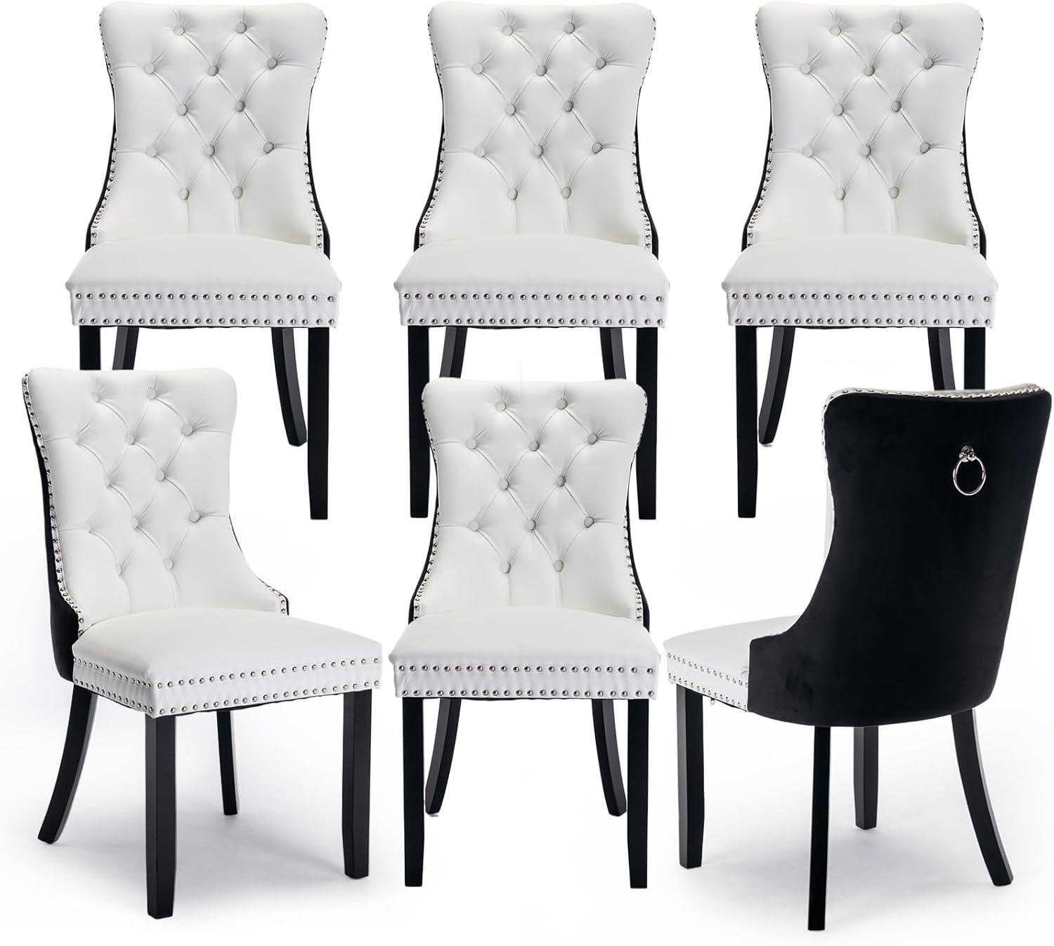 Juego de 6 sillas de comedor tapizadas de piel, estilo moderno, con ribete de cabeza de clavo y pata de madera, anillo de metal para comedor y sala de estar (blanco y negro, juego de 6)