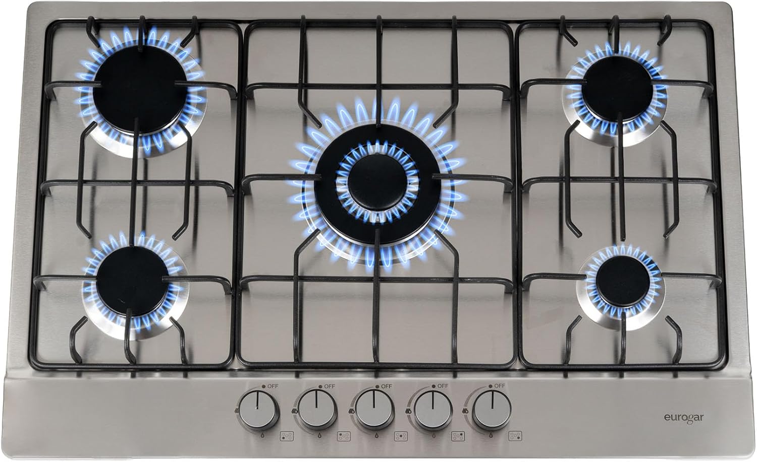EUROGAR Parrilla de Gas Empotrable 5 Quemadores, Acero inoxidable 76 cm, Uso para LP o Natural, Encendido Electrónico, Soportes de Hierro Fundido | EU5AI