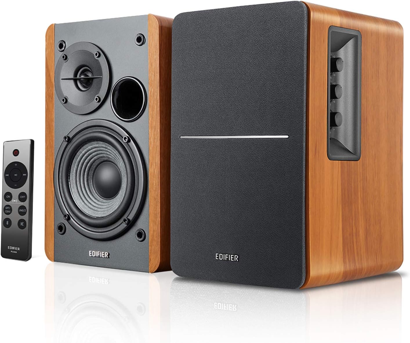 Edifier R1280DBs Altavoces Activos de estantería con Bluetooth - Entrada óptica - Altavoces de Estudio Tipo Monitor 2.0 Wireless - 42W RMS con Salida de línea para subwoofer - Grano de Madera