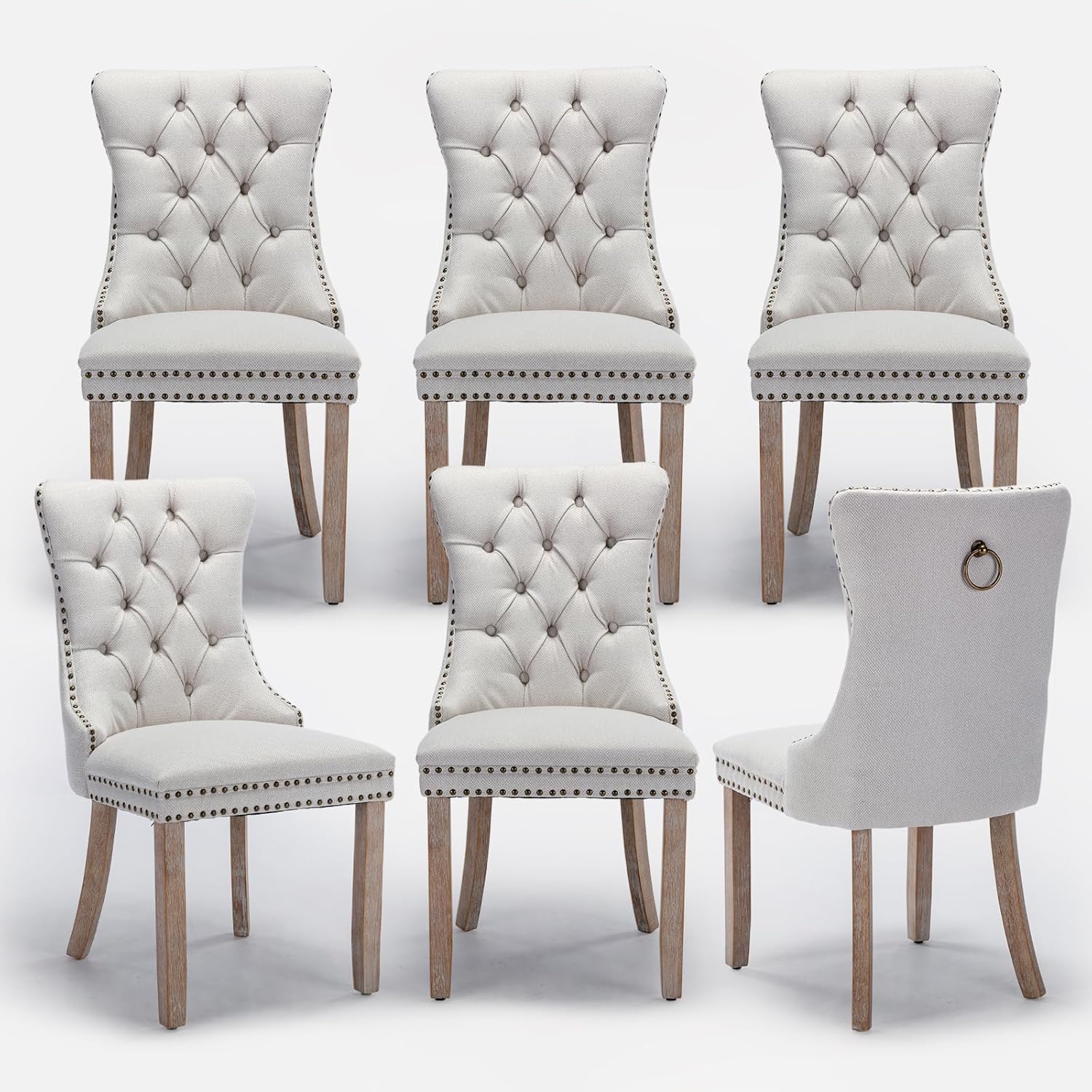 Juego de 6 sillas de comedor tapizadas de piel, estilo moderno, con ribete de cabeza de clavo y pata de madera, anillo de metal para comedor y sala de estar (blanco y negro, juego de 6)