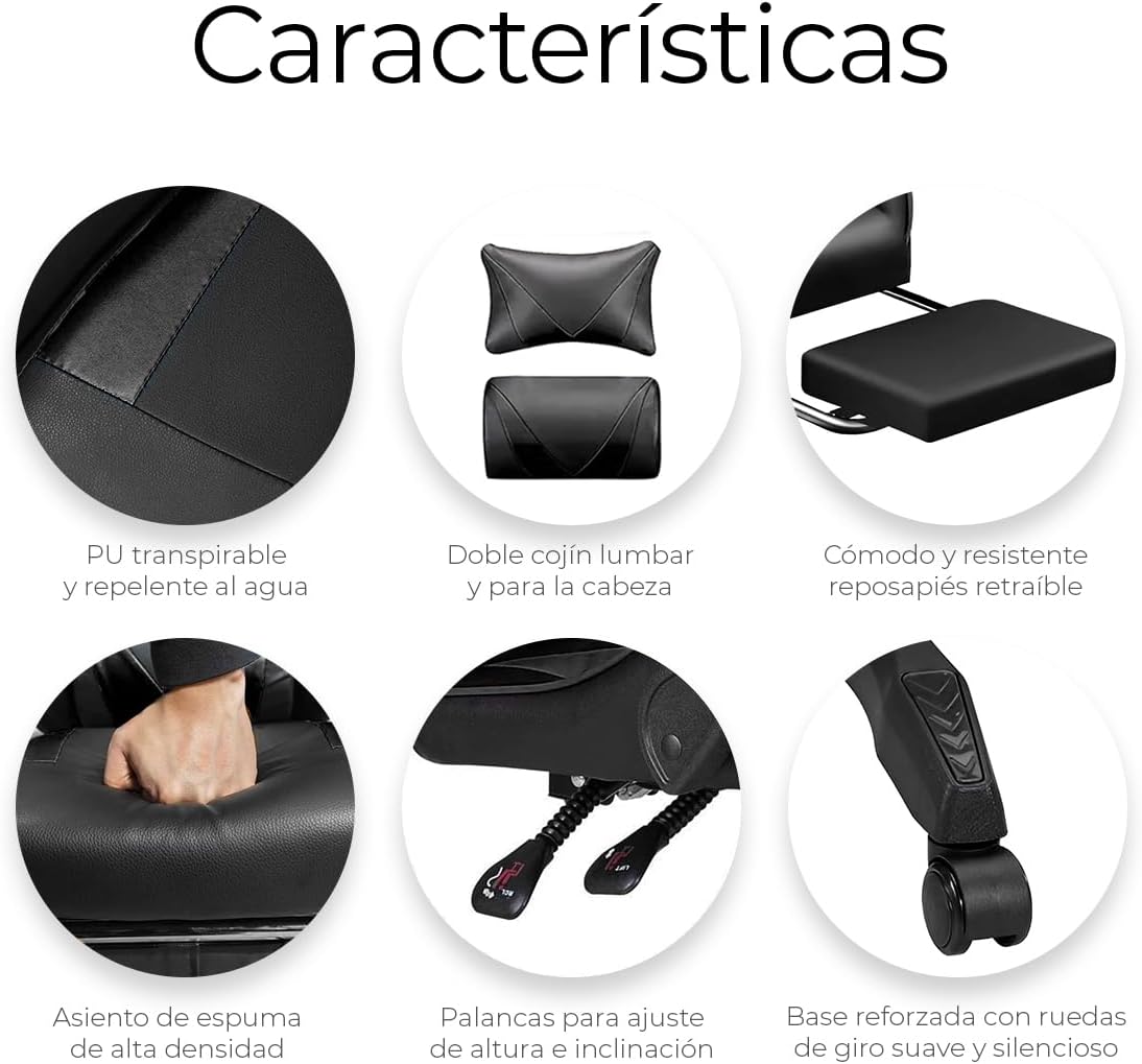 RagaBasics, Silla Gamer de Alta Calidad y Comfort, Silla de Ofina con Base Giratoria, Ruedas, Reposa Brazos, Reposa Pies y Respaldo Reclinable para la Mejor Posicion. (Negro)