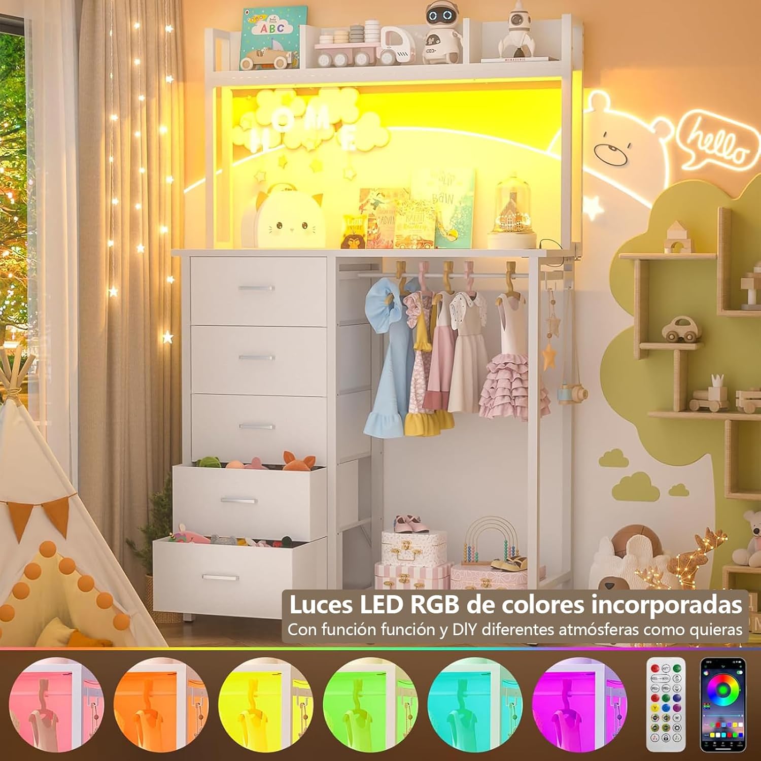 Comoda Cajonera para Recamara,Cómoda con Percheros Integrados de 5 Niveles,180x100x40 cm, Armario Multifuncional con Luces RGB, 3 Enchufes + 2 USB y Control Remoto (Rosa)