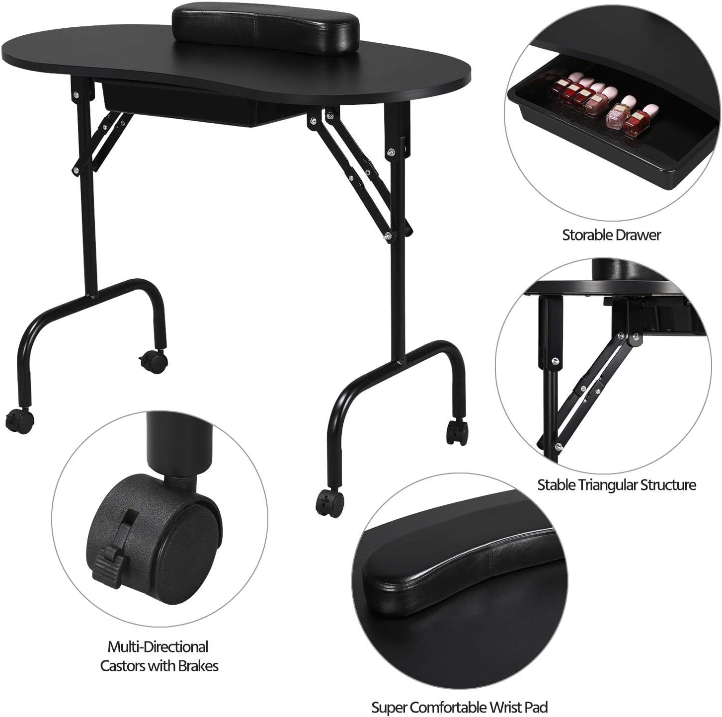 Yaheetech Mesa de manicura portátil y Plegable de 37 Pulgadas, estación de Trabajo con cajón Grande/Almohadilla de muñeca para Cliente, Ruedas controlables/Estuche de Transporte para SPA, salón de