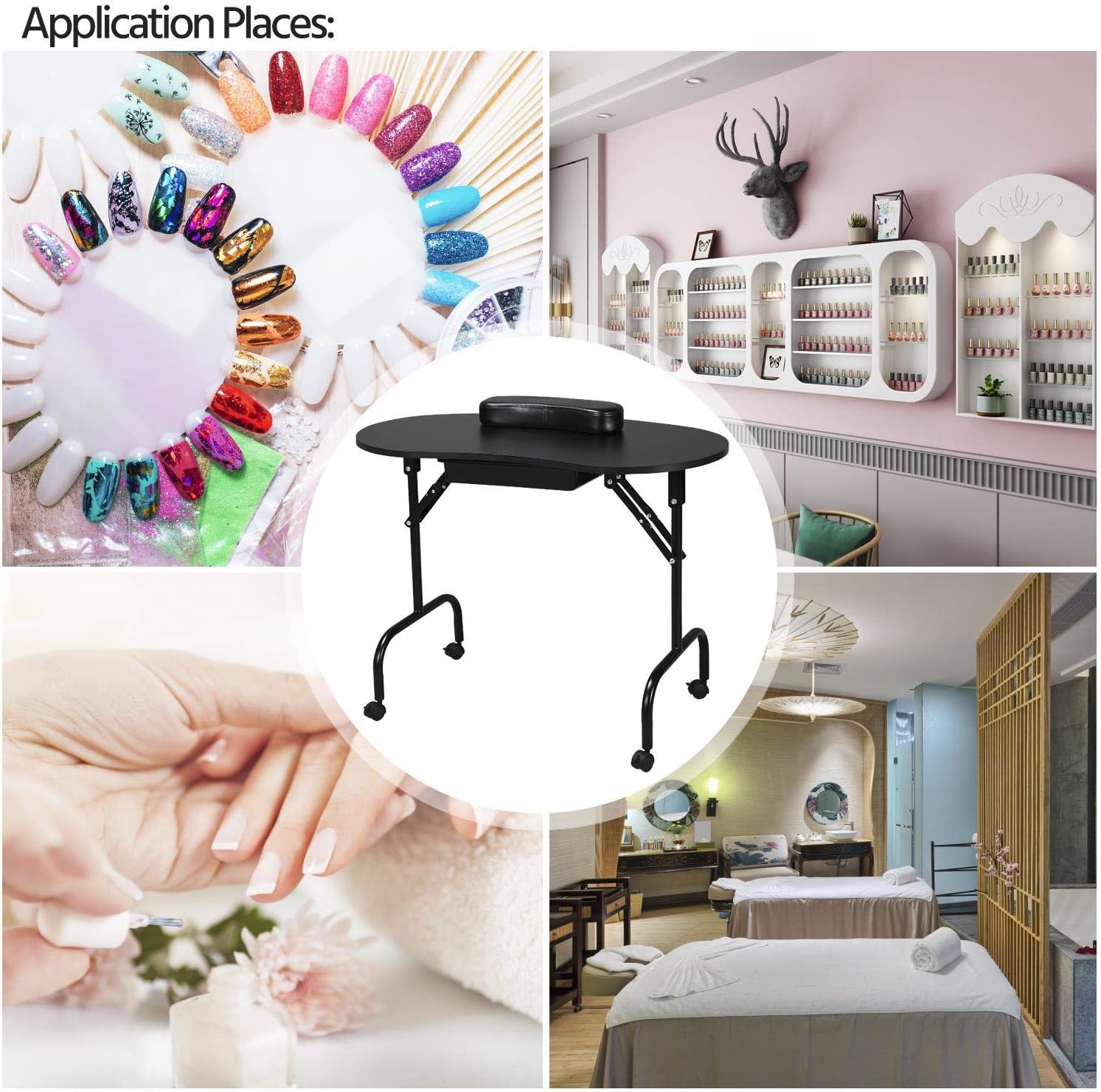 Yaheetech Mesa de manicura portátil y Plegable de 37 Pulgadas, estación de Trabajo con cajón Grande/Almohadilla de muñeca para Cliente, Ruedas controlables/Estuche de Transporte para SPA, salón de