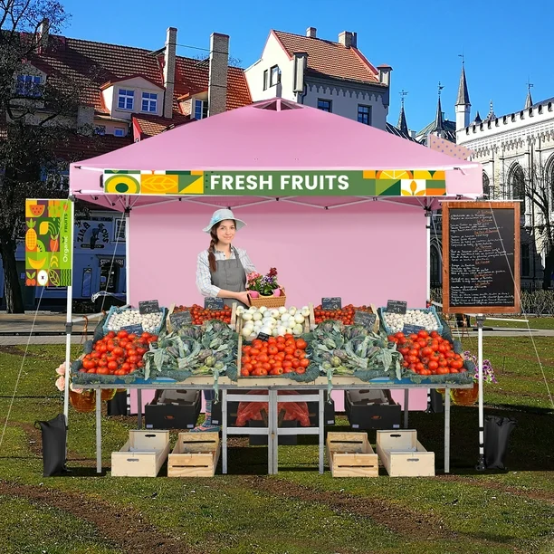 Costway 3 m x 3 m Pabellón Emergente Con Pared Lateral, Carpa Plegable Con Bolsa Enrollable, Barras Cruzadas Colgantes, Cinta para Pancartas, Refugio Portátil de Sombra para Mercado, Patio, Camping