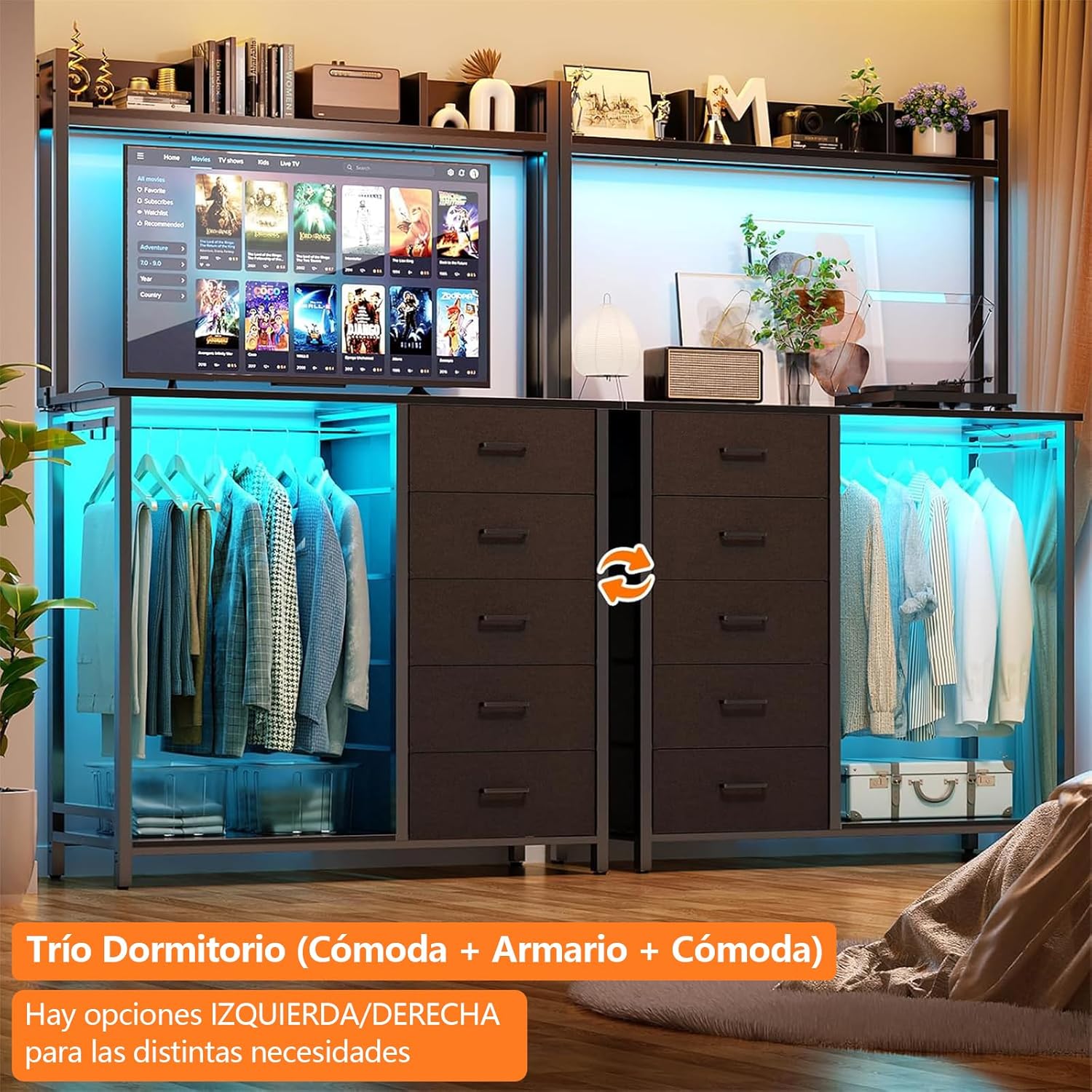 Comoda Cajonera para Recamara,Cómoda con Percheros Integrados de 5 Niveles,180x100x40 cm, Armario Multifuncional con Luces RGB, 3 Enchufes + 2 USB y Control Remoto (Rosa)