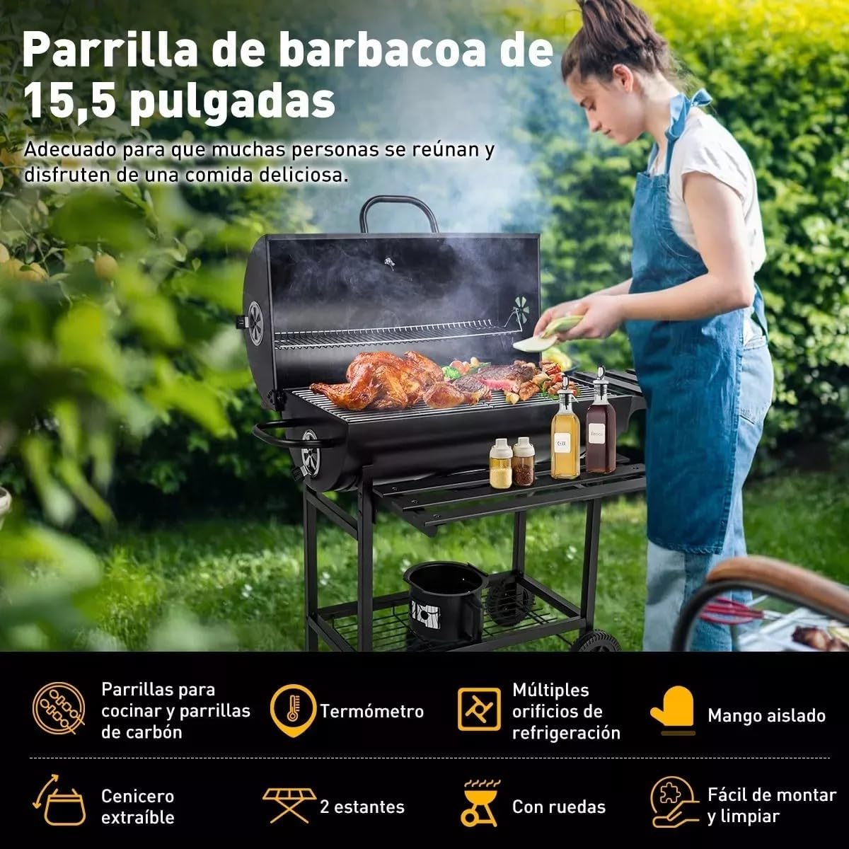 Asador de Carbon con Funda Antipolvo y Cepillo, Parrilla de Carbón con Temperatura Controlada en Forma de Barril, Parrilla de Patio Trasero Fiesta Barbacoa, Camping Grill Doble Capa