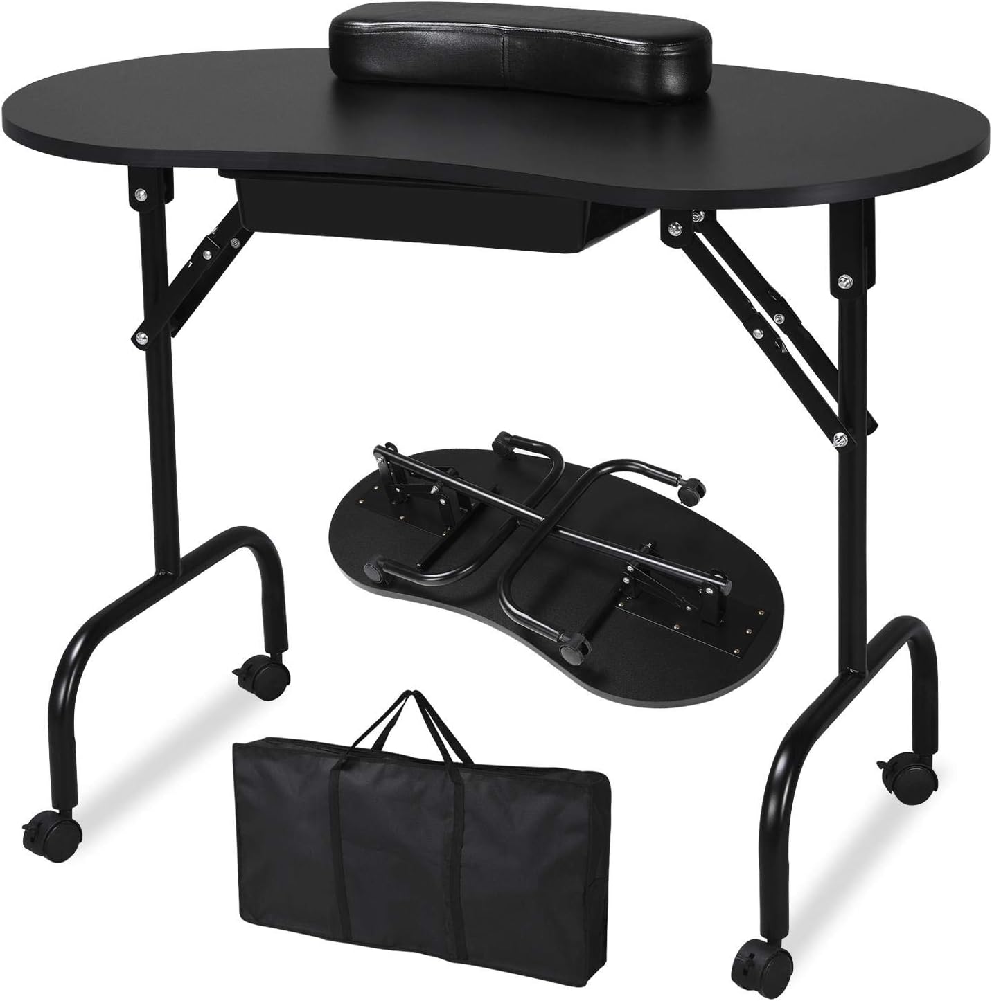Yaheetech Mesa de manicura portátil y Plegable de 37 Pulgadas, estación de Trabajo con cajón Grande/Almohadilla de muñeca para Cliente, Ruedas controlables/Estuche de Transporte para SPA, salón de