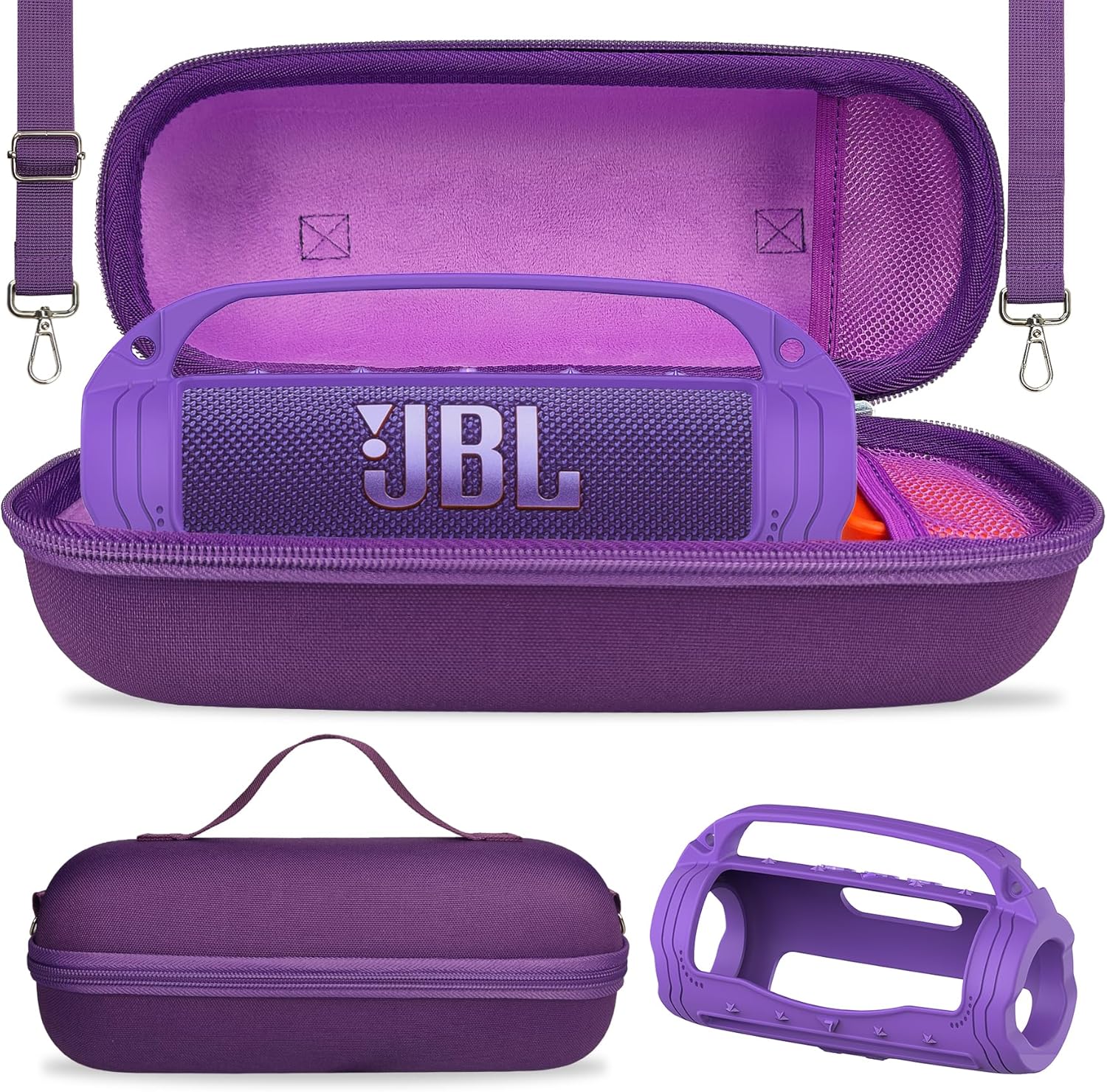 JCHPINE - Funda de silicona y funda de transporte rígida para altavoz portátil JBL Flip 7, accesorios para JBL Flip 7, funda de silicona con asa y correa para el hombro (rosa)