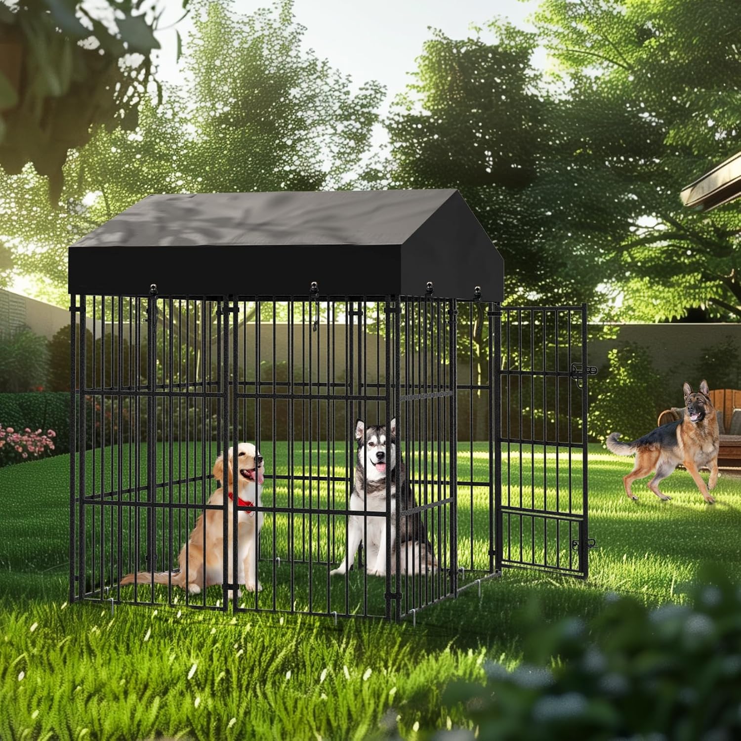 Wisfor Casas para Perros: Perreras Exteriores con Techo 249x120x165 cm Jaulas para Perros Grandes Parque Vallas Corral Cercados para Mascotas de Metal Inoxidable con Cerradura (L)