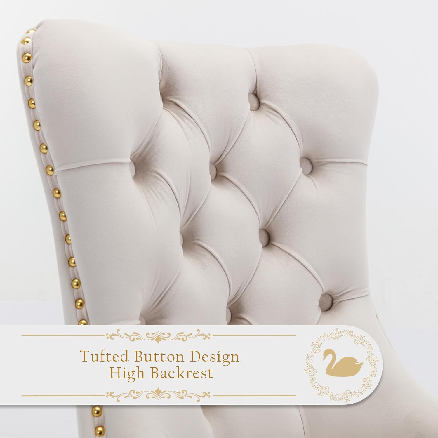 Juego de 6 sillas de comedor tapizadas de piel, estilo moderno, con ribete de cabeza de clavo y pata de madera, anillo de metal para comedor y sala de estar (blanco y negro, juego de 6)