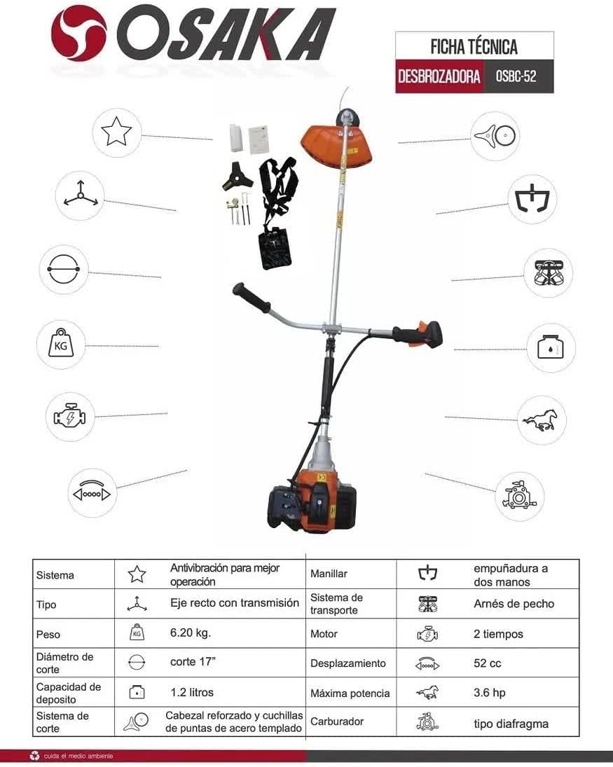 Desbrozadora desmalezadora uso Profesional 3.6 Hp 52cc Osaka OSBC52