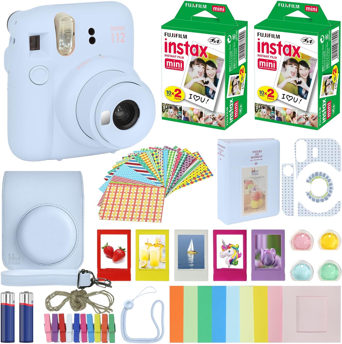 Fujifilm Instax Mini 12 cámara instantánea lila púrpura + estuche de transporte + Fuji Instax Film Value Pack (40 hojas) paquete de accesorios, filtros de color, álbum de fotos, marcos surtidos