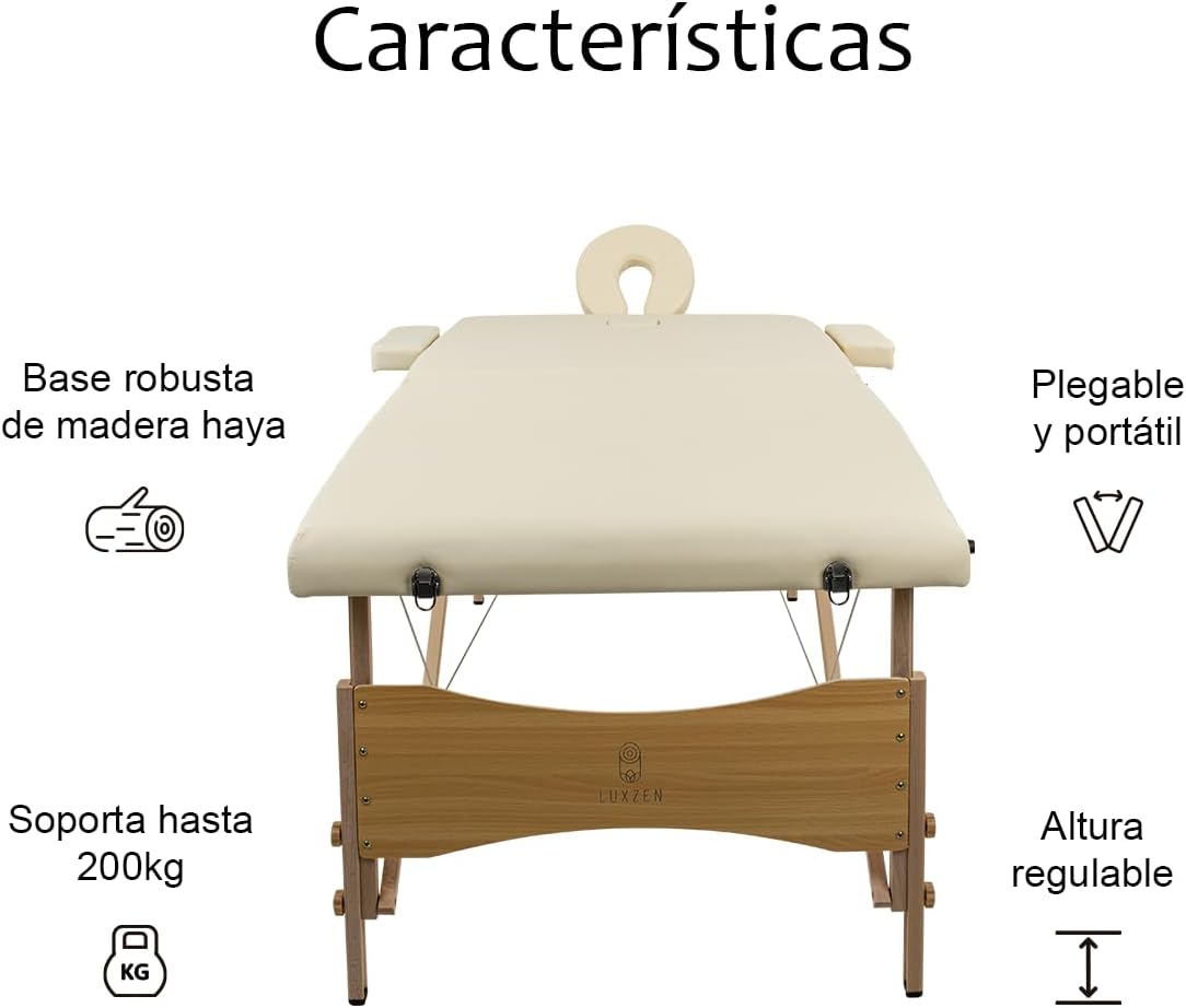 LUXZEN - Cama para Masajes Portatil Plegable Profesional con Estuche y Altura Ajustable Camilla Fisioterapia Ideal para Tatuar SPA Quiropraxia o Facial (Extra Grande 85cm Ancho) (Beige)