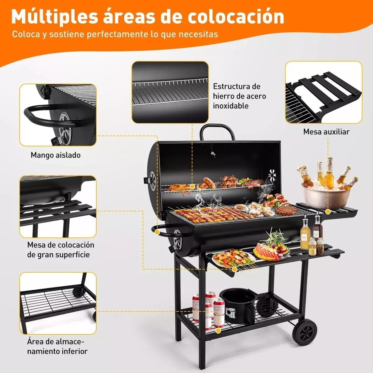 Asador de Carbon con Funda Antipolvo y Cepillo, Parrilla de Carbón con Temperatura Controlada en Forma de Barril, Parrilla de Patio Trasero Fiesta Barbacoa, Camping Grill Doble Capa