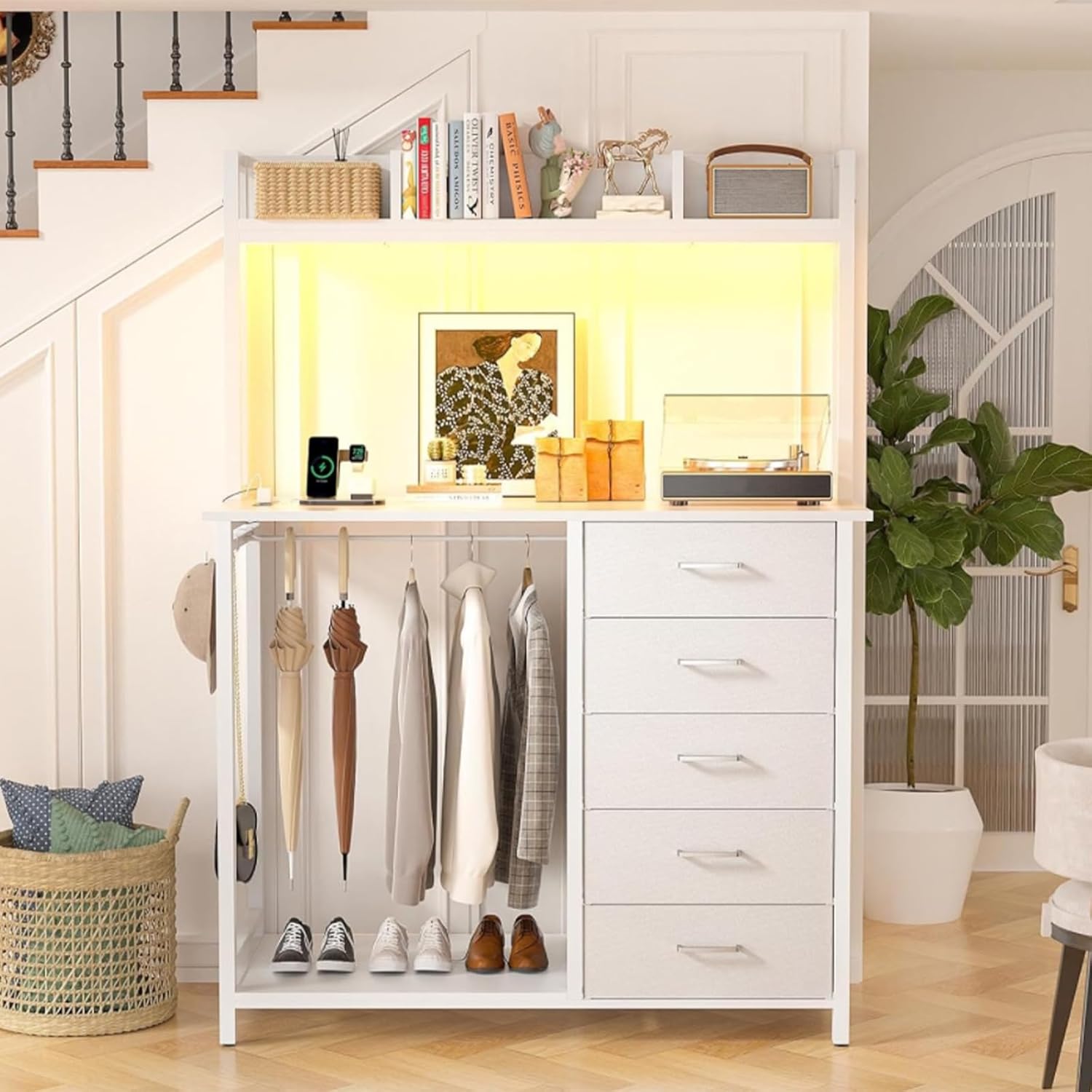Comoda Cajonera para Recamara,Cómoda con Percheros Integrados de 5 Niveles,180x100x40 cm, Armario Multifuncional con Luces RGB, 3 Enchufes + 2 USB y Control Remoto (Rosa)