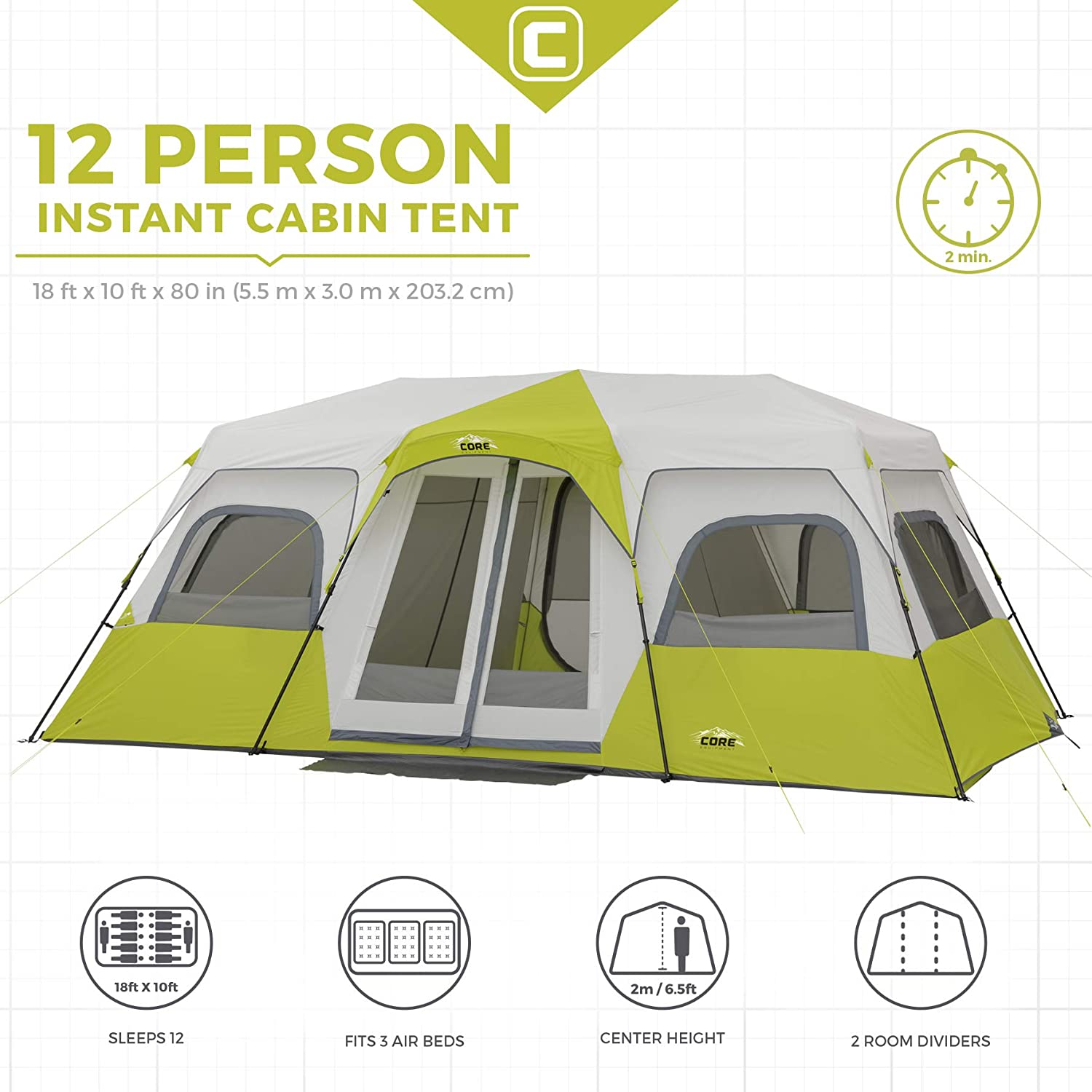 CORE - Tienda de campaña instantánea para 12 personas | Tienda de campaña enorme de 3 habitaciones para familia con bolsillos de almacenamiento para accesorios de camping, tienda de campaña grande