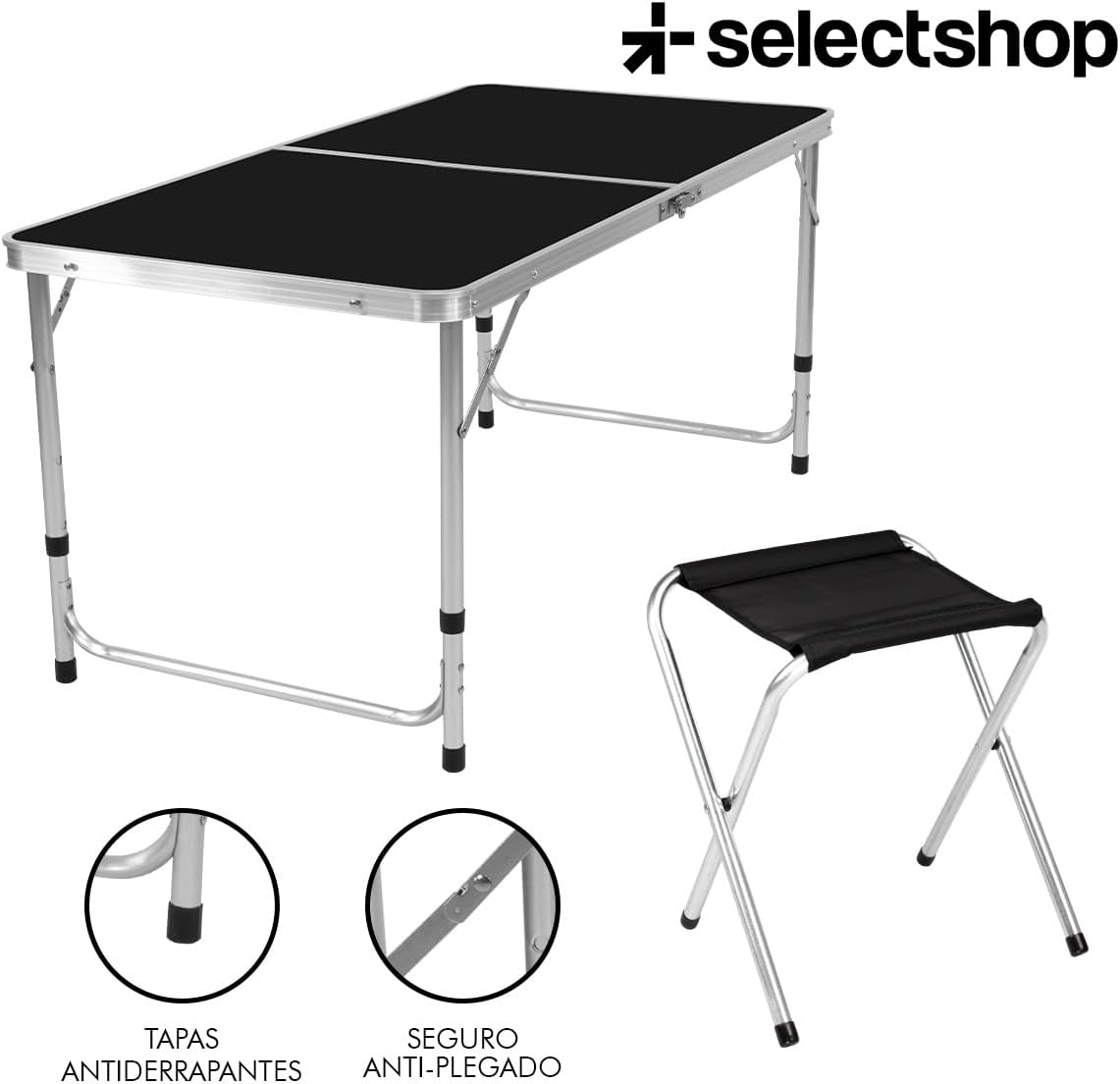 SELECTSHOP Mesa Plegable Portatil Comedor de Camping con 4 Sillas De Tela Taburetes Portatiles Mesa Resistente para Picnic Comedor Ajustable 120 cm-taza