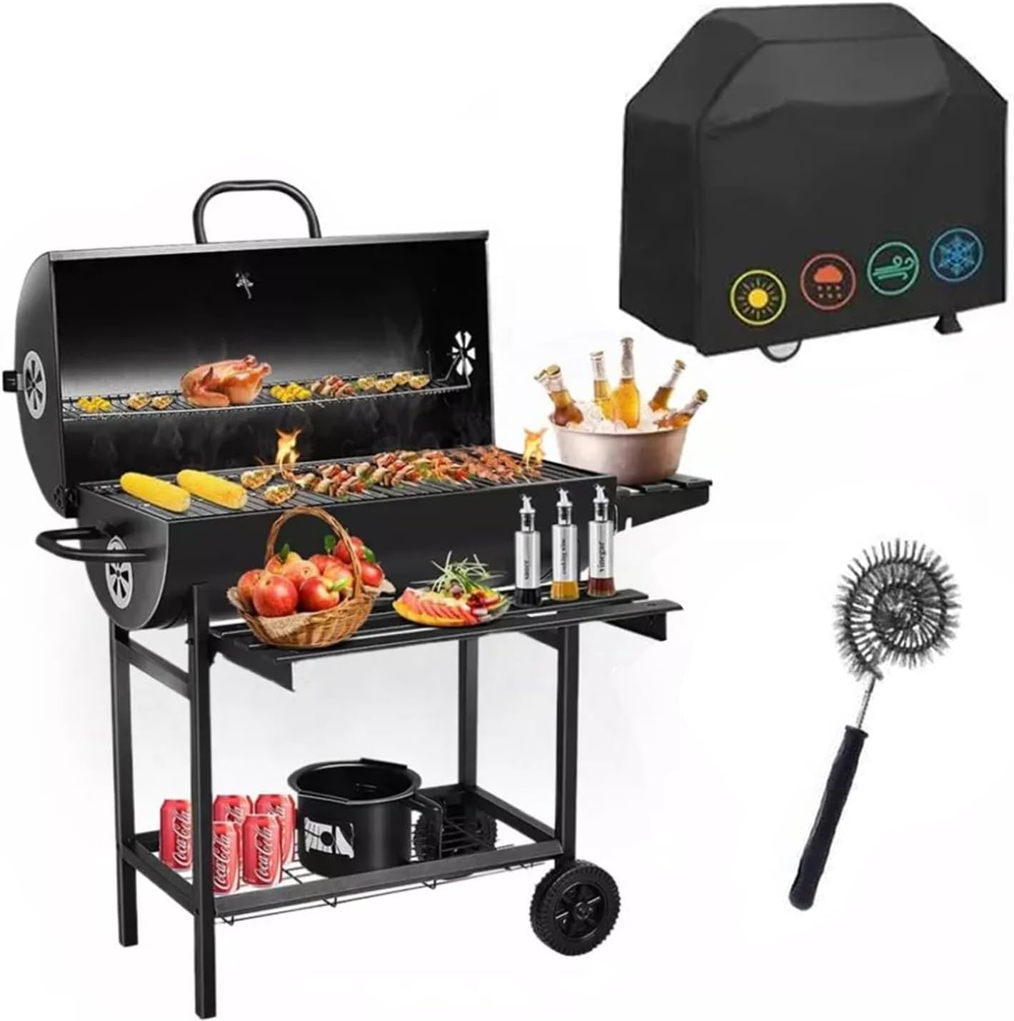 Asador de Carbon con Funda Antipolvo y Cepillo, Parrilla de Carbón con Temperatura Controlada en Forma de Barril, Parrilla de Patio Trasero Fiesta Barbacoa, Camping Grill Doble Capa