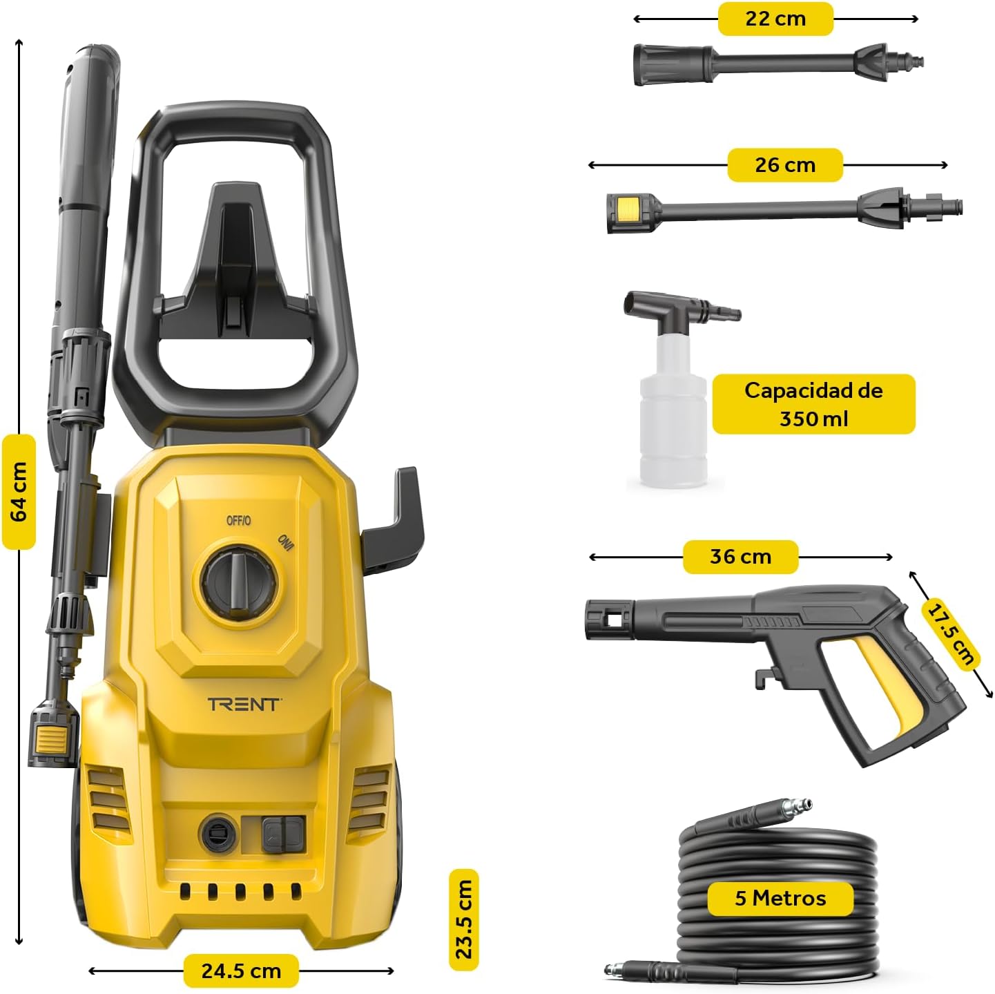 TRENT Hidrolavadora Electrica 1400w Alta Presion 1600 PSI 60 Hz Negro Y Amarillo
