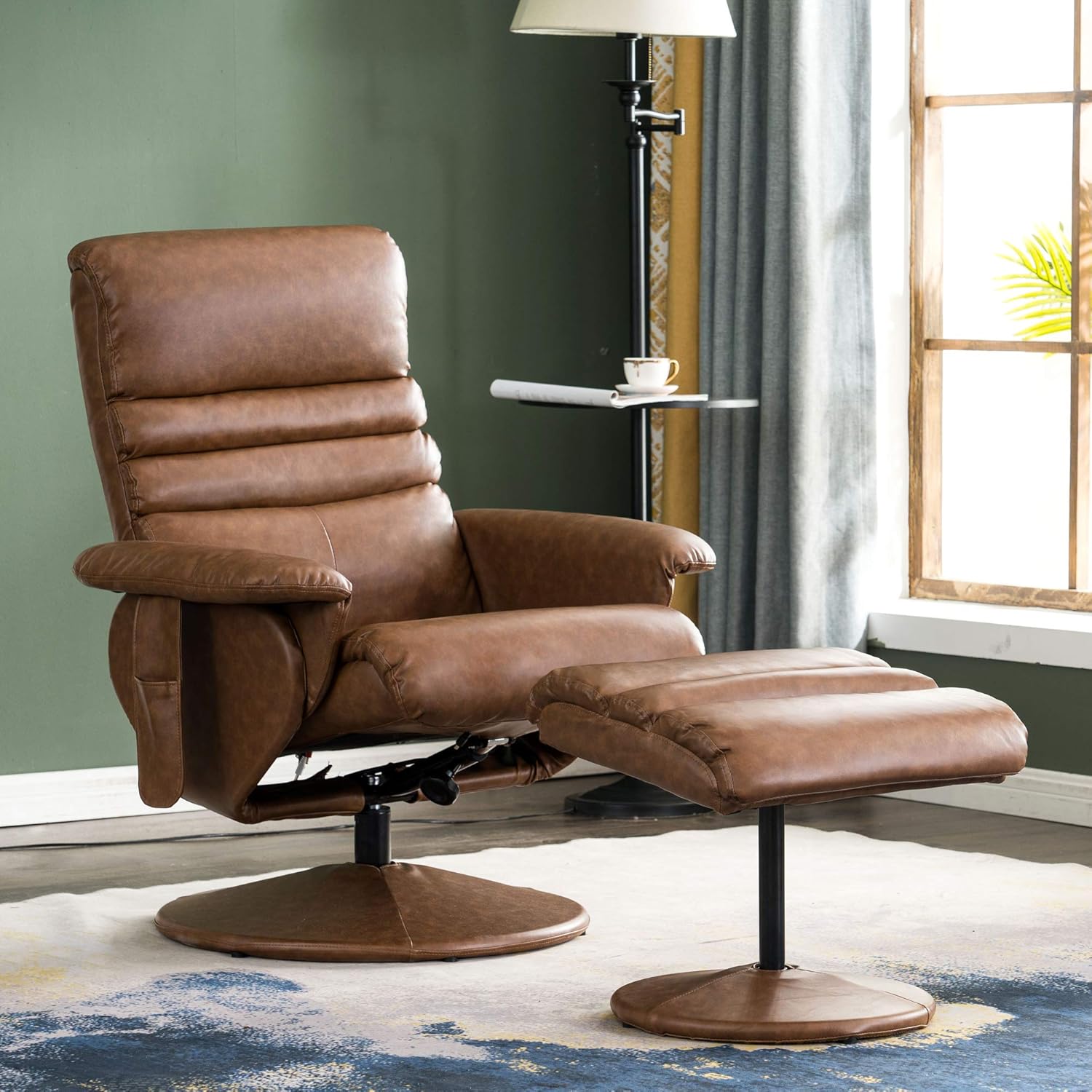 Silla reclinable con otomana, silla reclinable con masaje, silla giratoria de 360 años, piel sintética 7902 (blanco crema)