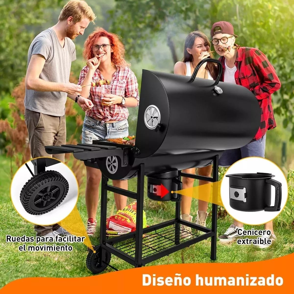 Asador de Carbon con Funda Antipolvo y Cepillo, Parrilla de Carbón con Temperatura Controlada en Forma de Barril, Parrilla de Patio Trasero Fiesta Barbacoa, Camping Grill Doble Capa