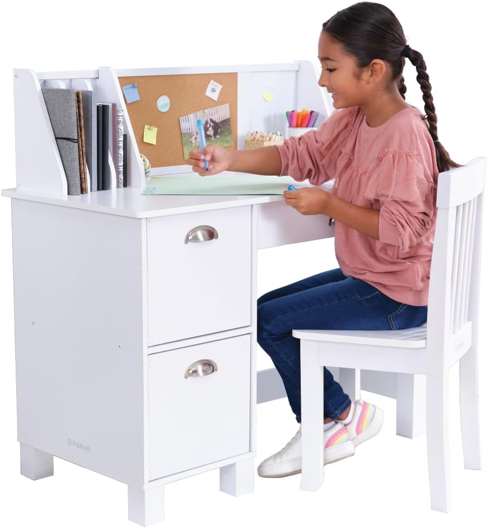 KidKraft Escritorio con Silla de Estudio para Niños, Color Blanco, 39.25" x 21.25"x 10"